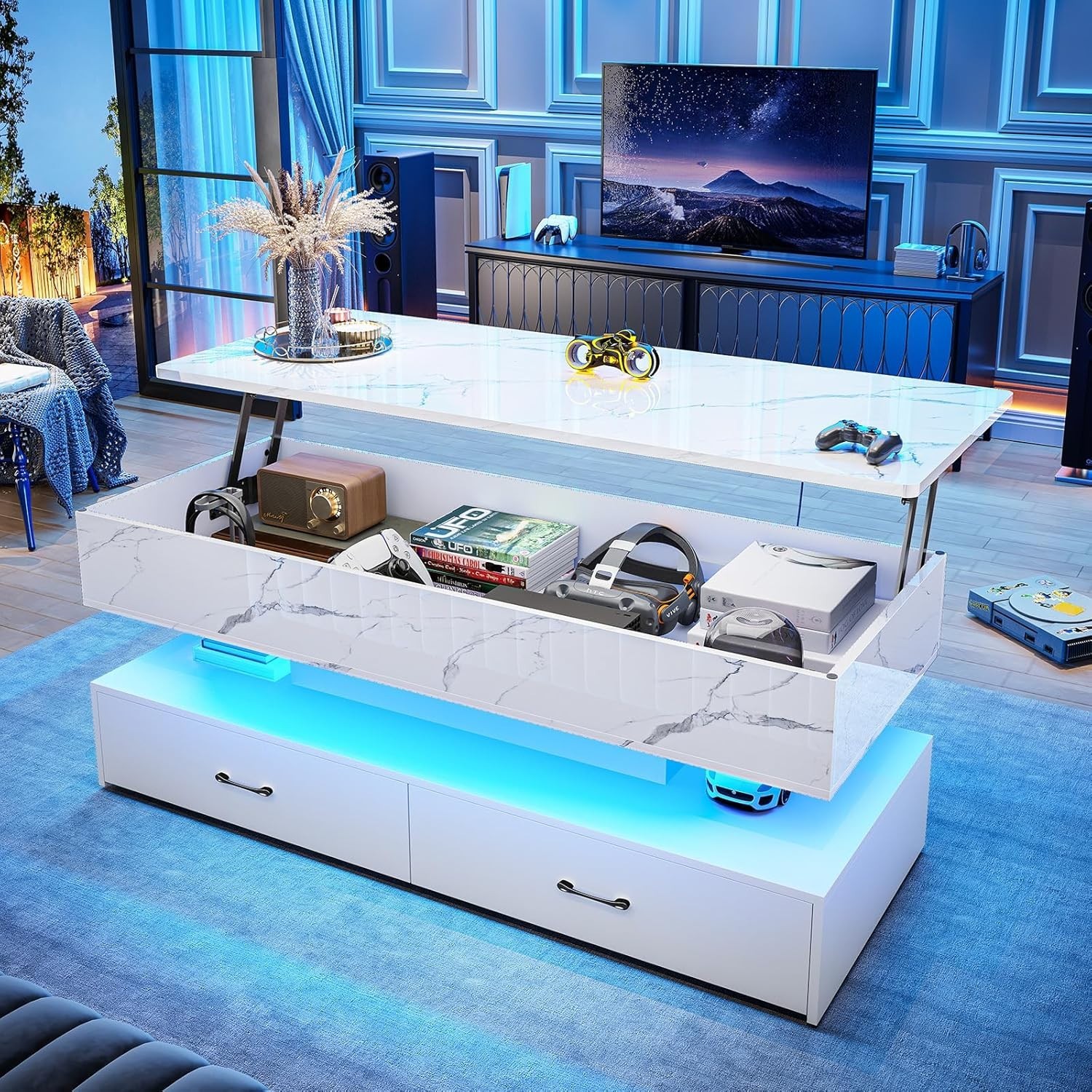 47.2″ Lift Top Coffee Table wih 2 Drawers & LED Light for Dining Reception Room