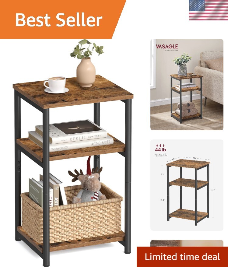 Compact 3-Shelf Side Table – Versatile Rustic Brown & Black Finish for Any Room