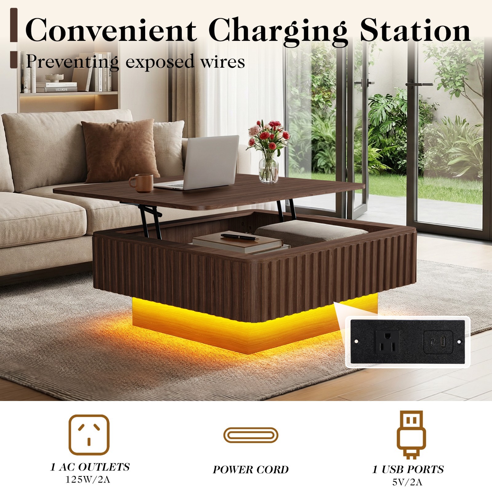 Fluted Lift Top Coffee Table with Charging Station & Storage Modern Coffee Table