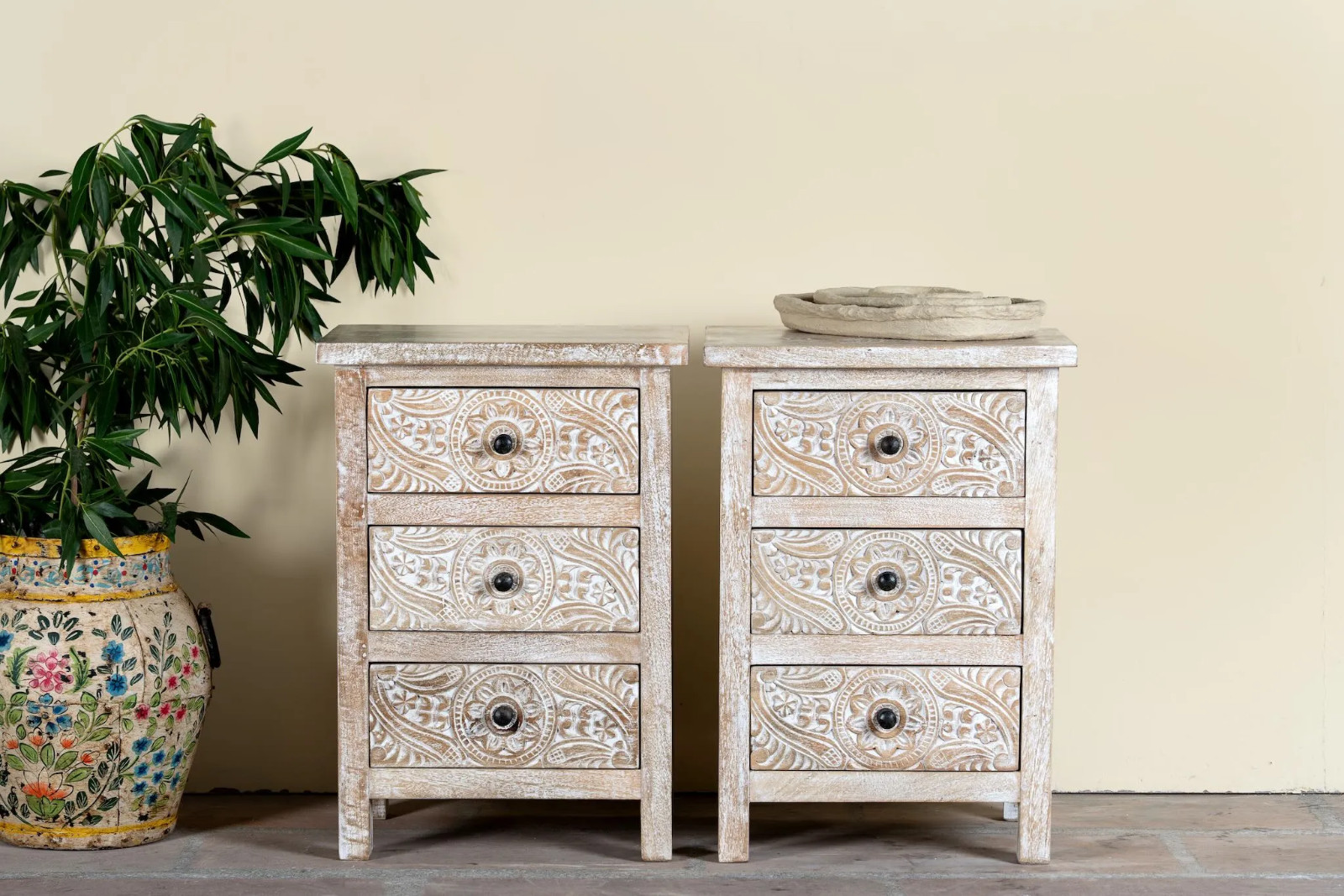 Artisan Handmade Bedside Table Solid Wood Hand Carved 18.1 × 14.2 × 25.6 inches