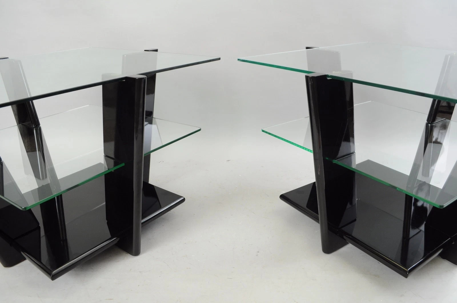 Contemporary Modern Black Lacquer & Glass 3 Tier Space Age End Tables – a Pair