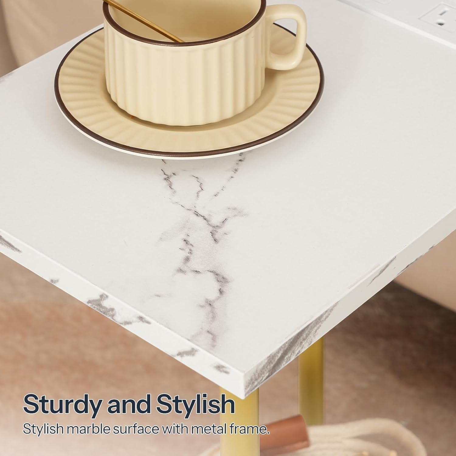 Modern 2-Layer Side Table with Gold Finish and Built-in Charging for Any Room