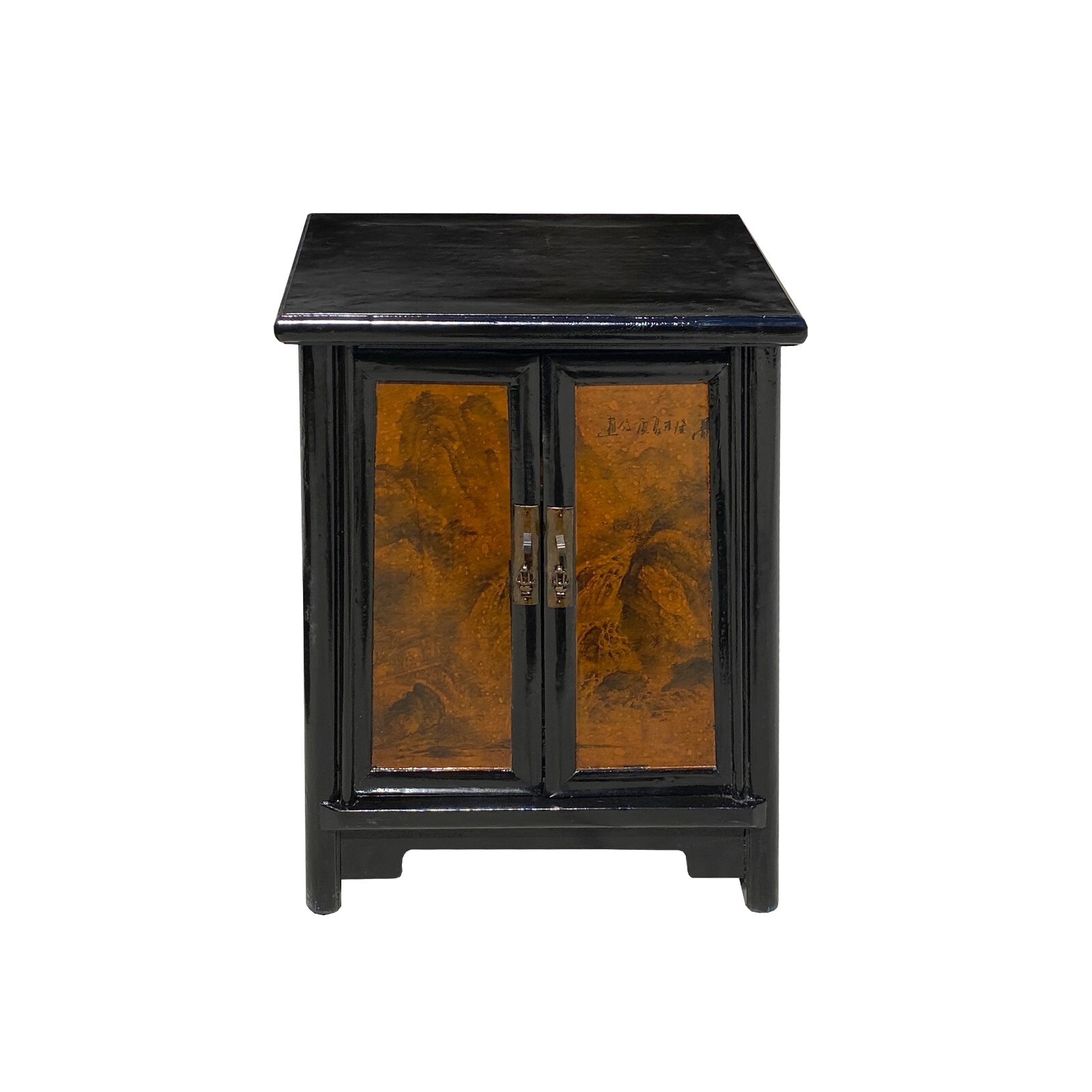 Chinese Distressed Black Yellow Scenery Graphic End Table Nightstand cs7348
