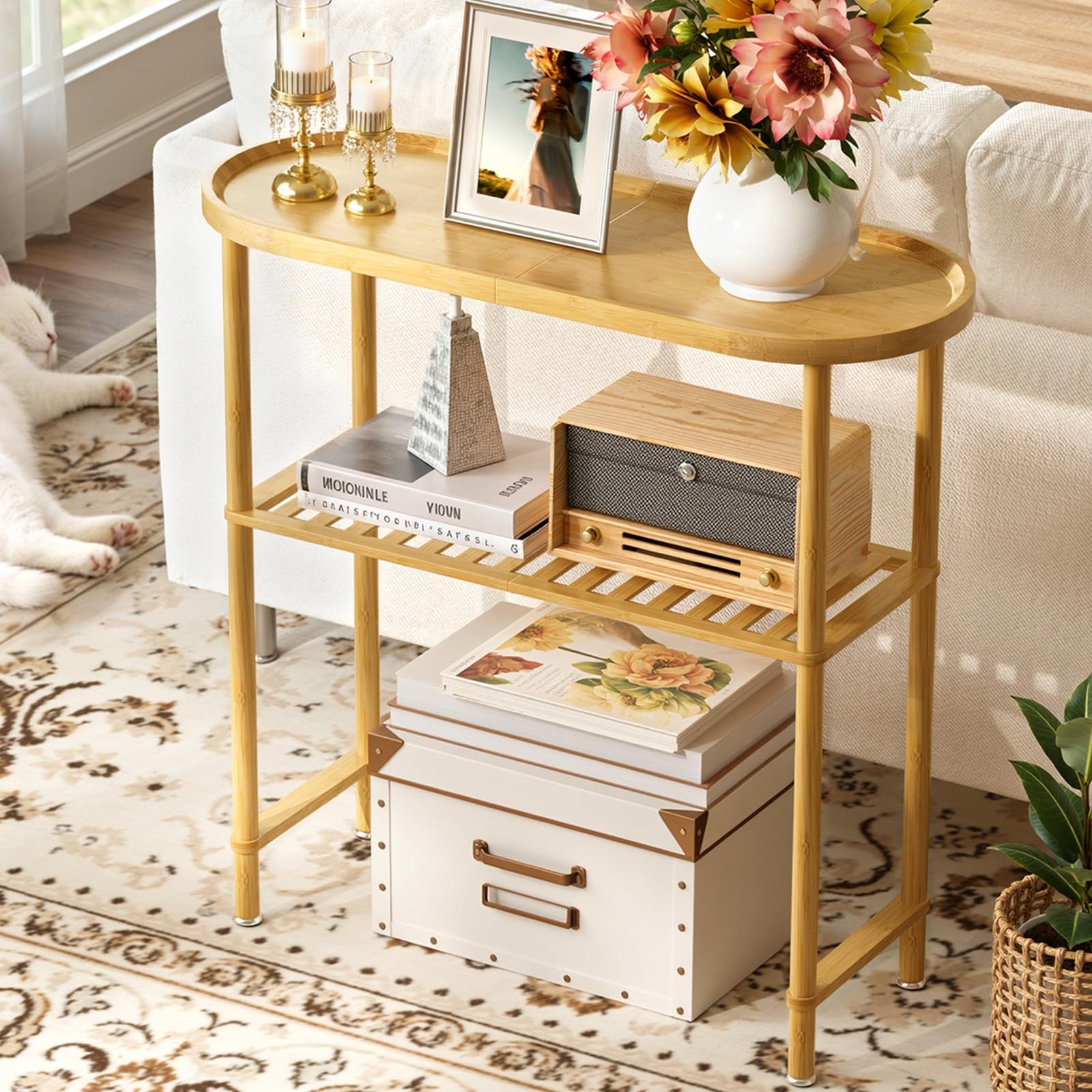 Small Entryway Table 30.7″, Narrow Hallway Table Oval Top 2-tier, Slim Consol