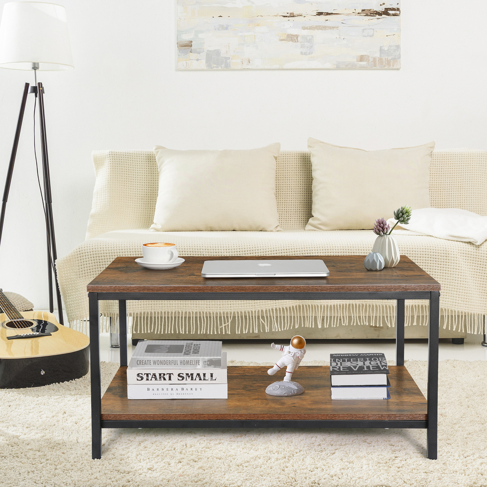 2-Tier Small Coffee Table Rectangle Wood Side End Table w/ Storage Rustic Brown