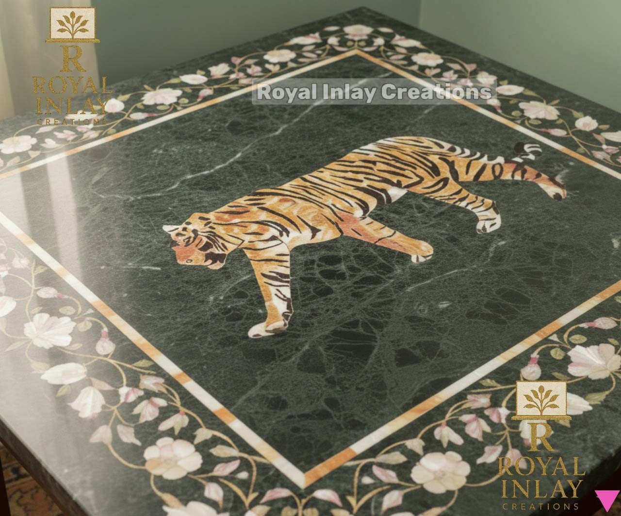 Green Marble Pietra Dura Table Top – Square Tiger Inlay & Floral Border Tabletop