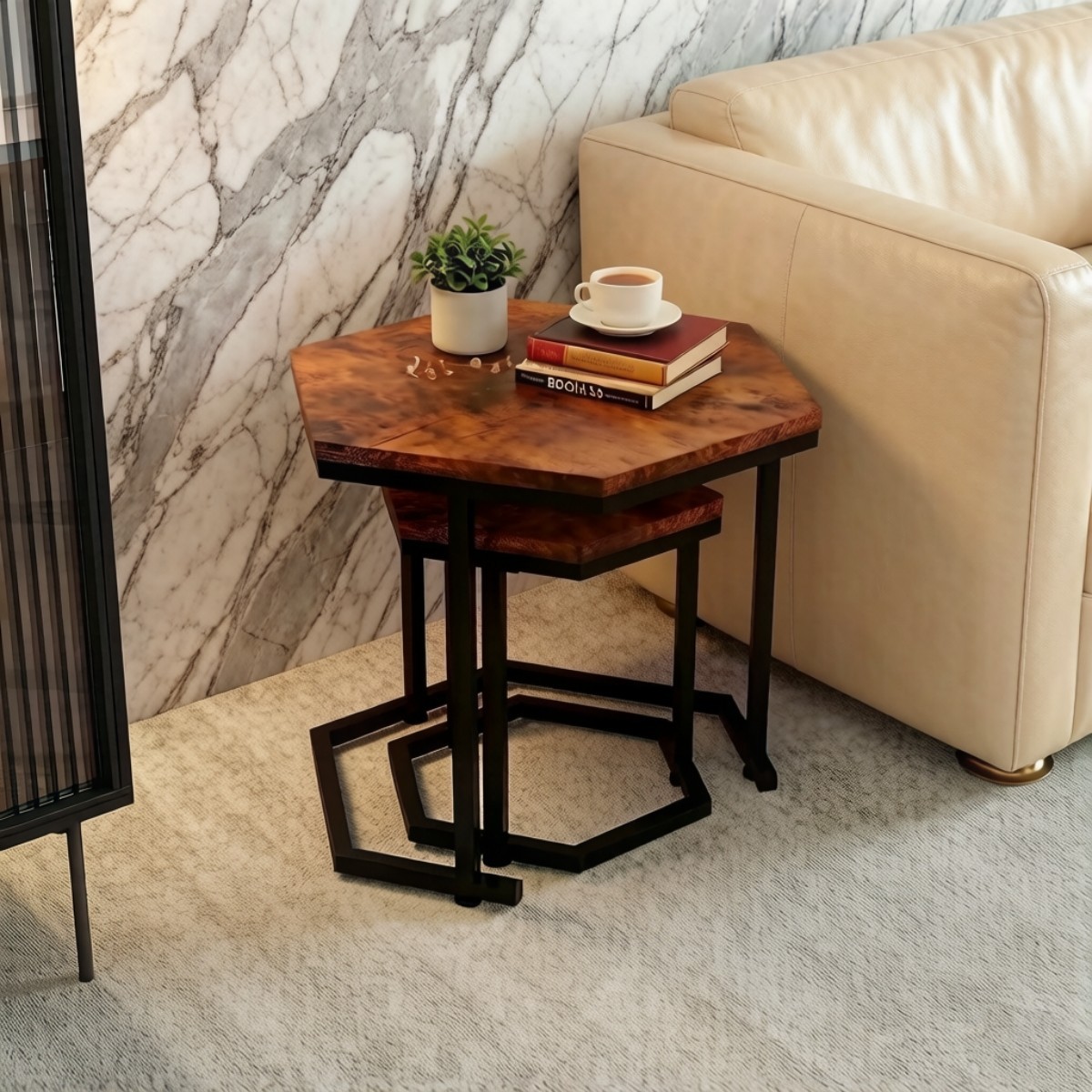 2pcs MDF Board Side End Table Nested Table Metal Frame Coffee Table Nightstands