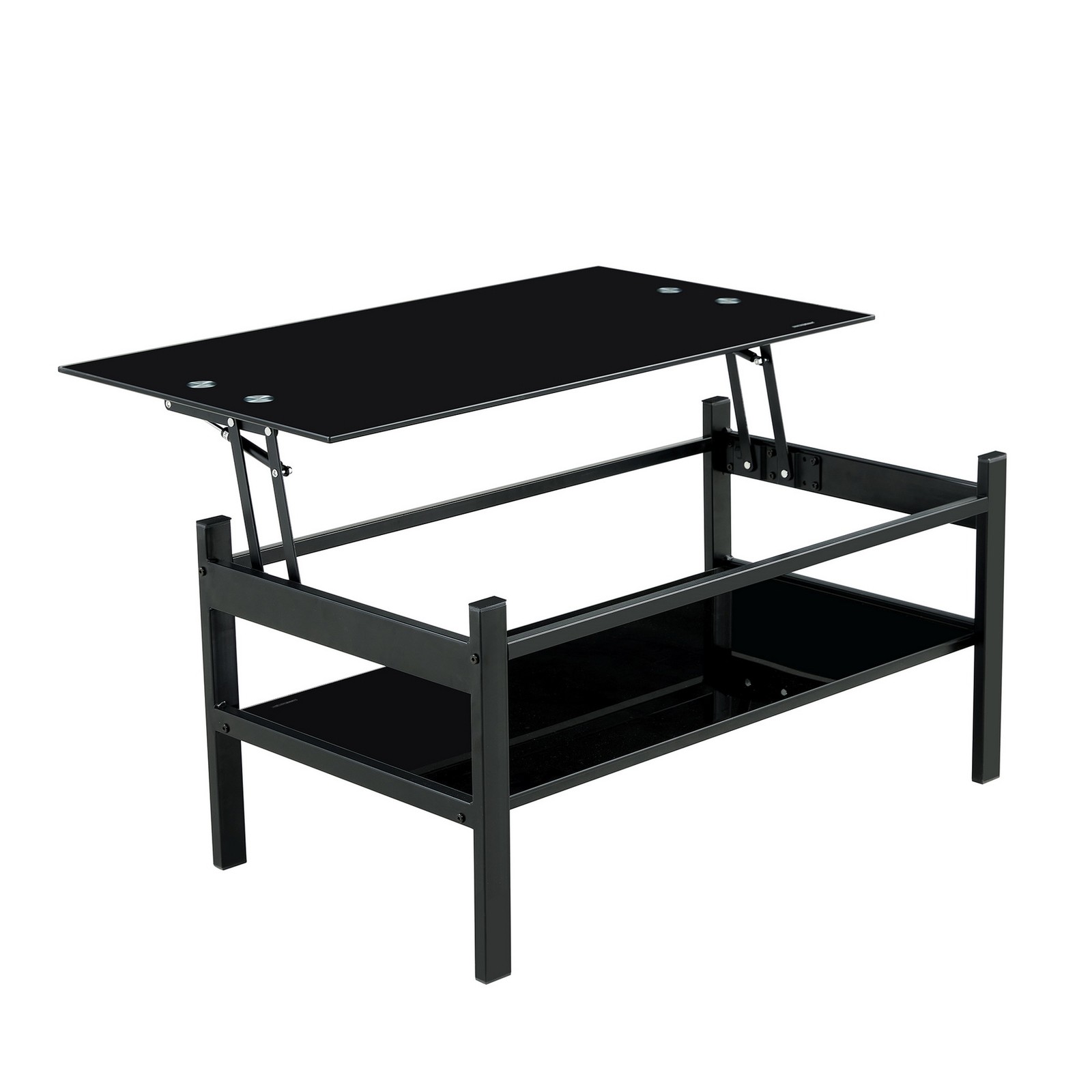 38″ All Black Tempered Glass Lift Top Coffee Table 2-Layer Home Work Centre Desk