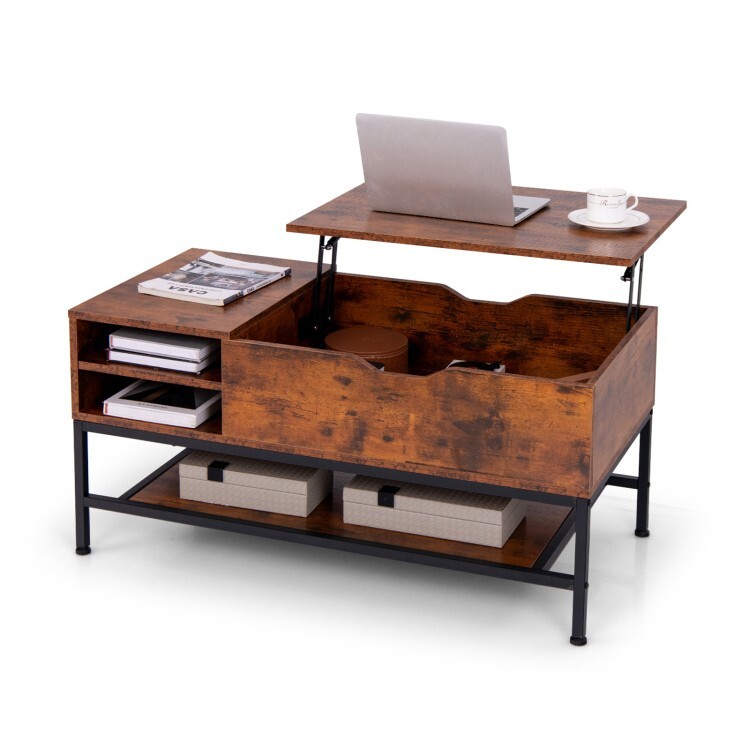 Lift Top Coffee Table, Hidden Storage Space Removable Storage Rack 2 Compartment