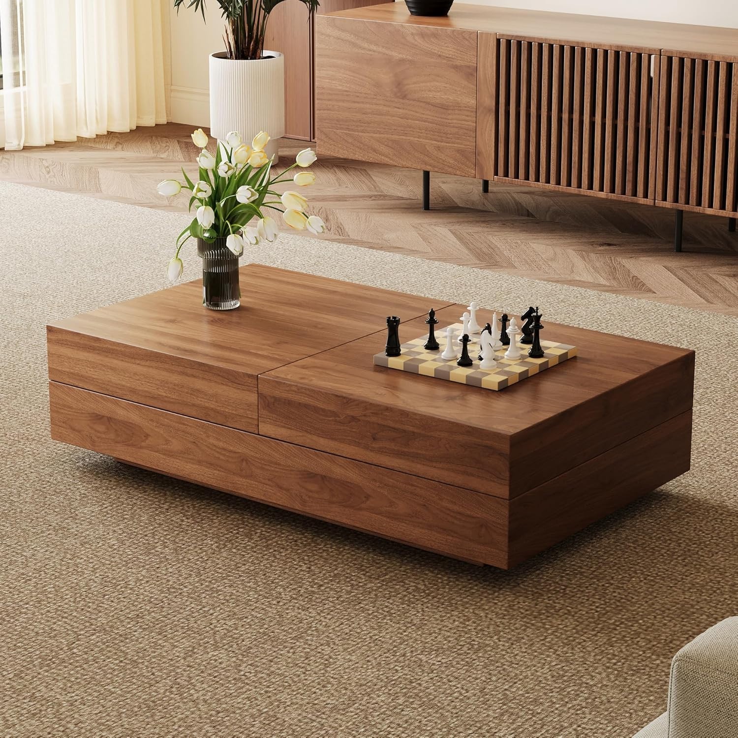Mid Century Coffee Table with Storage Adjustable Table for Living Room Walnut