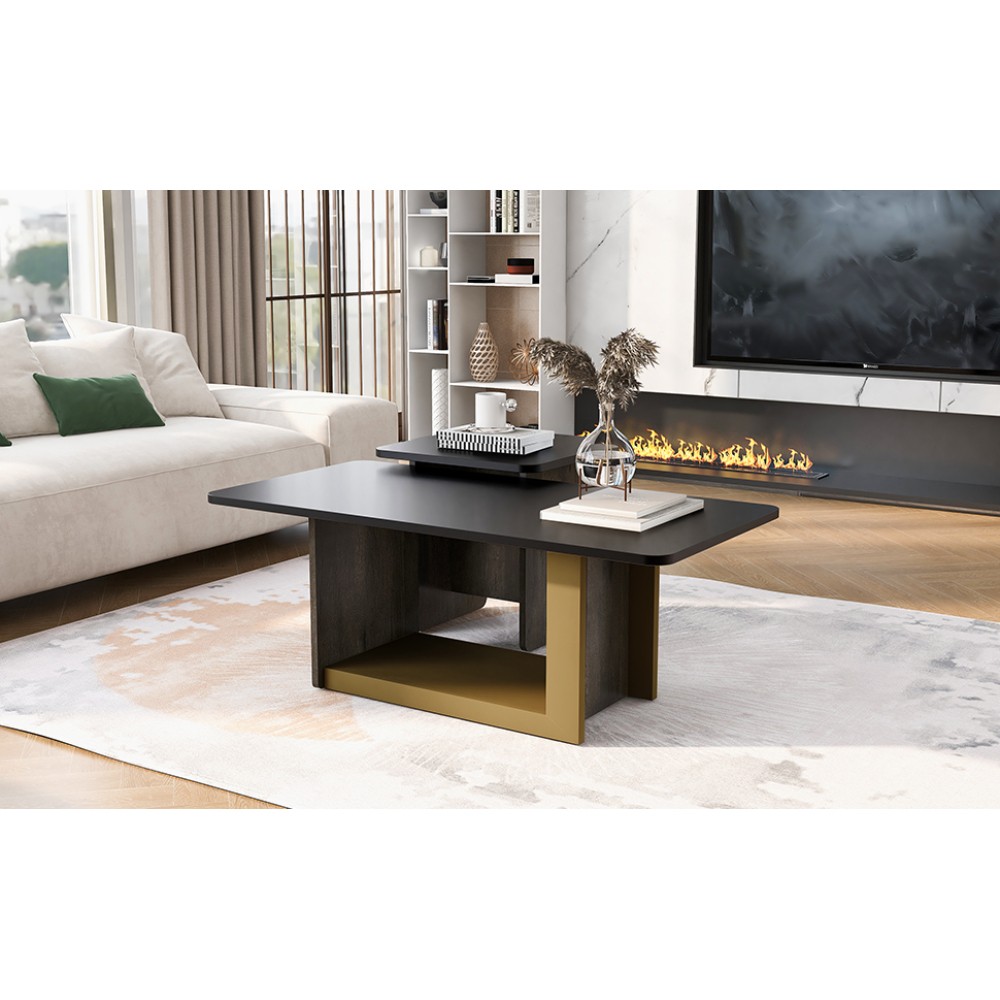Modern Square Coffee & End Table Set of 2, Black, for Living Room, MDF & Metal