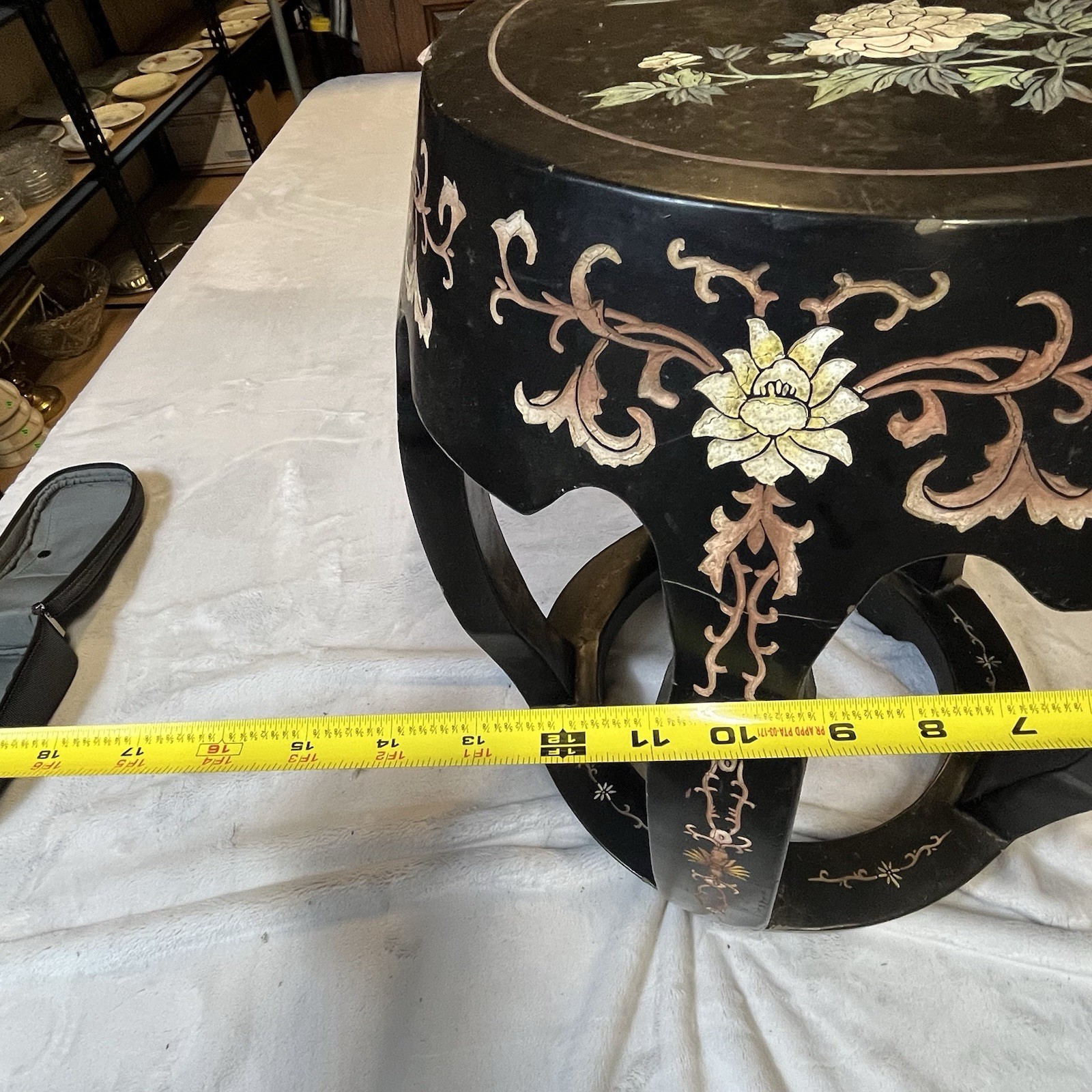 Vintage Chinese Lacquer Wood Side Table Stool Hand Carved Painted Hong Kong 18”