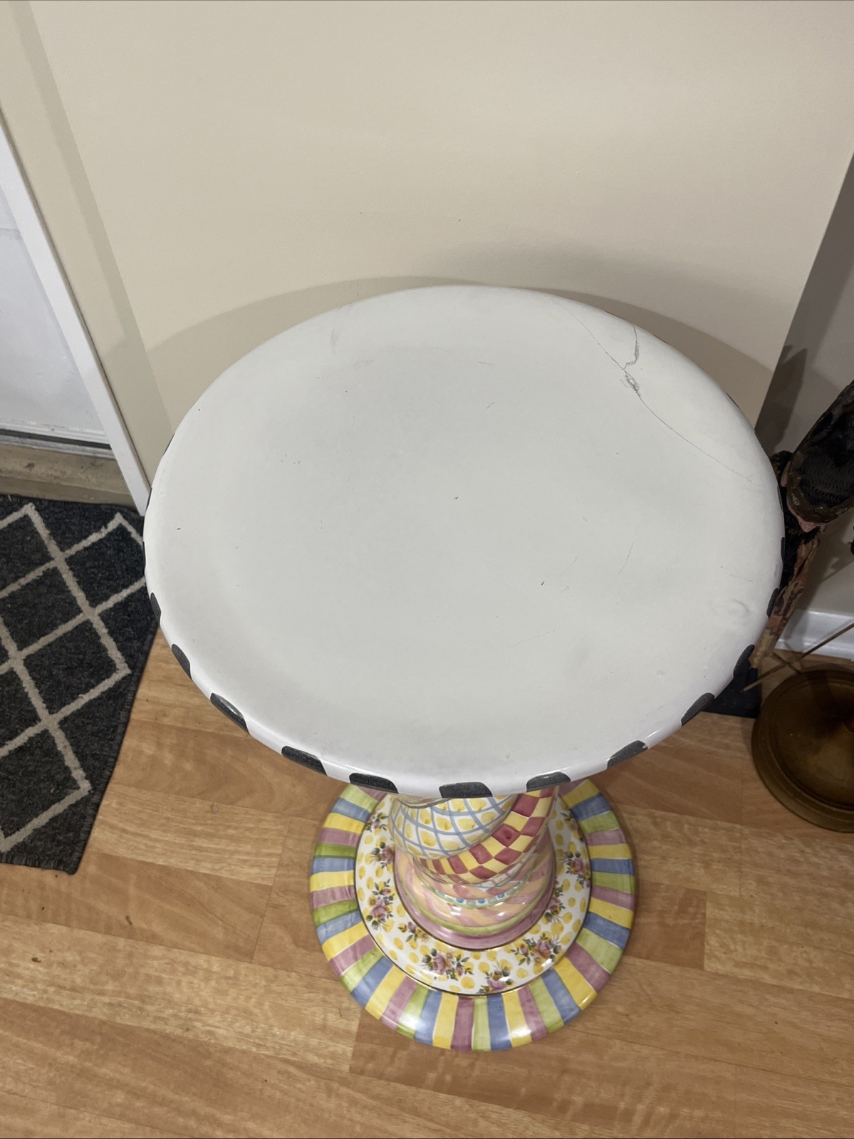 Mackenzie Childs Unique Round pedestal, Plant Stand, Side Table 33” Tall