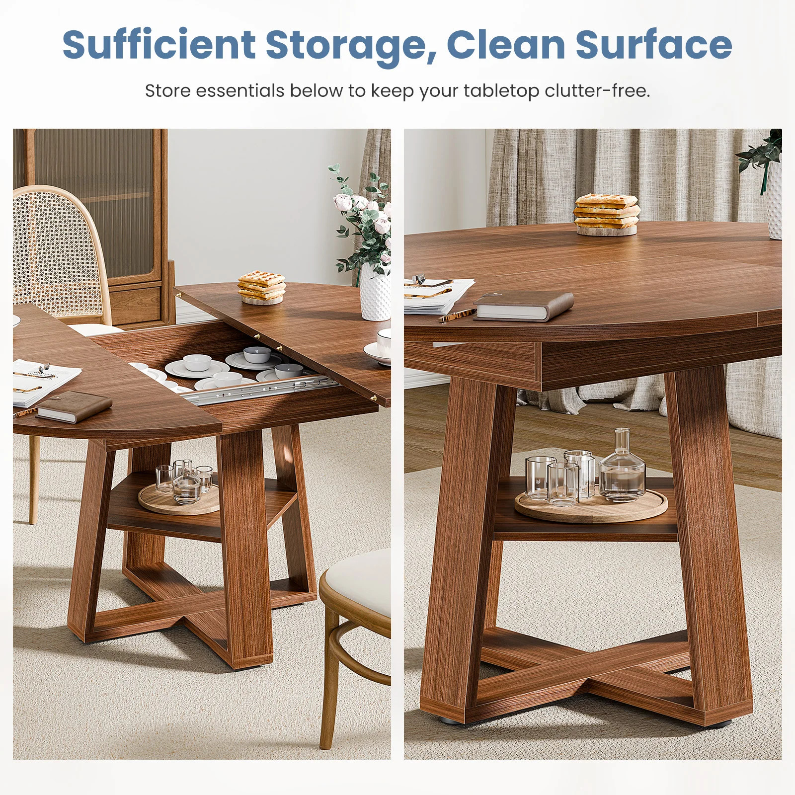 Extendable Round Dining Table Oval Kitchen Table w/Storage Shelf Pedestal Base