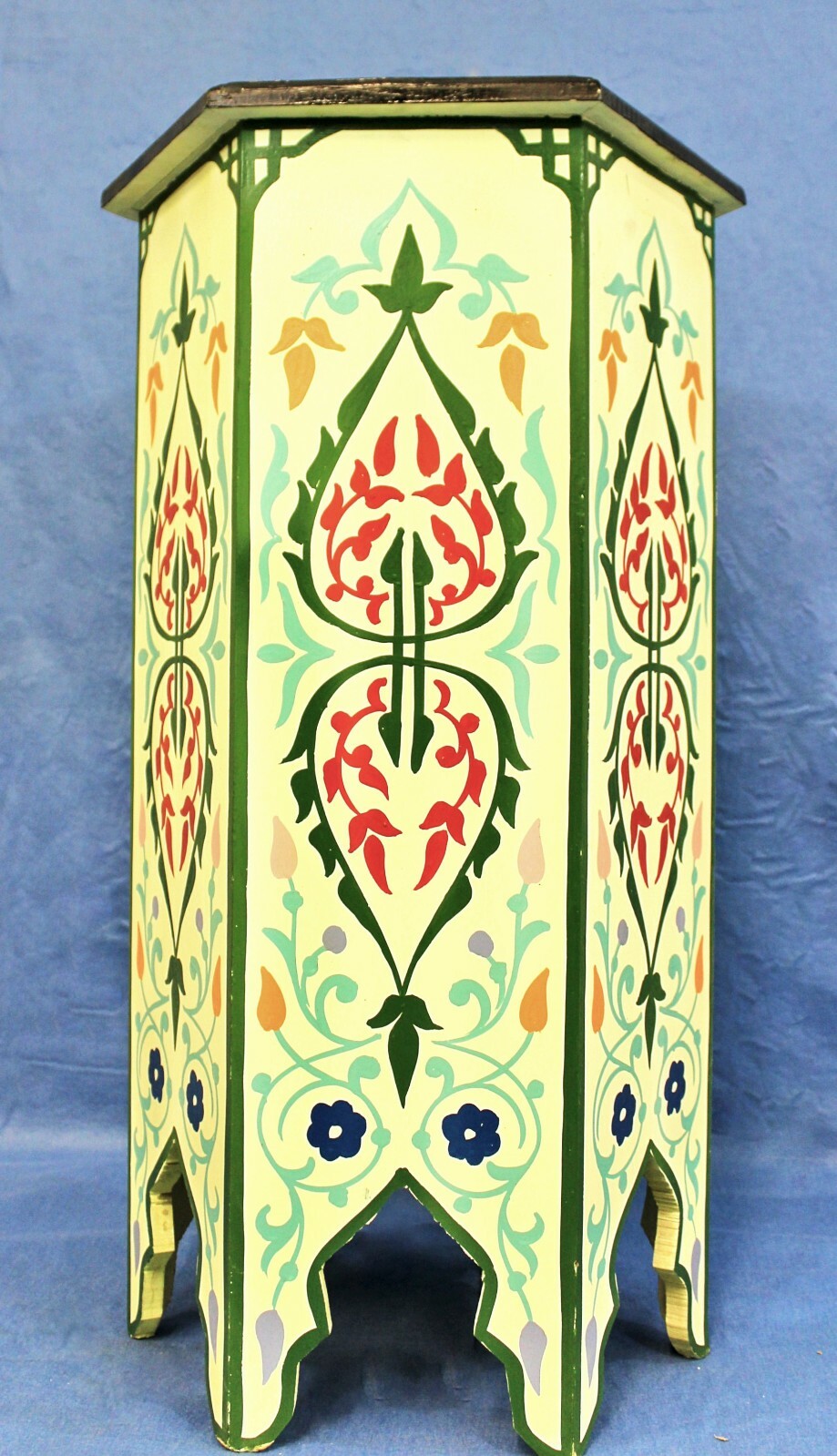 Moroccan Pedestal Table Tall Painted Cream Color Solid Wood Authentic Home Decor