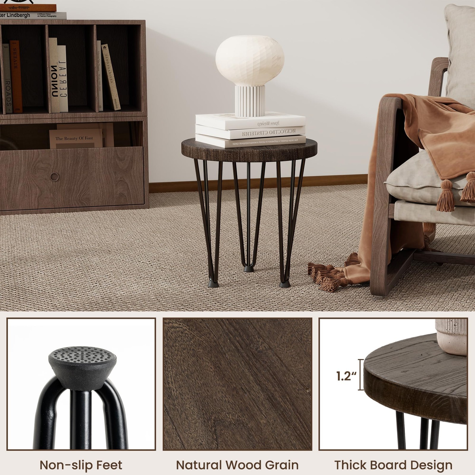 Round Coffee Table – Elm Wood Nesting Table with Metal Legs & Non Slip Feet B…