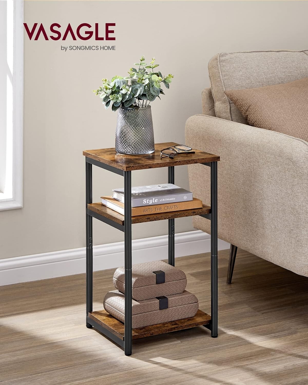 Compact 3-Shelf Side Table – Versatile Rustic Brown & Black Finish for Any Room