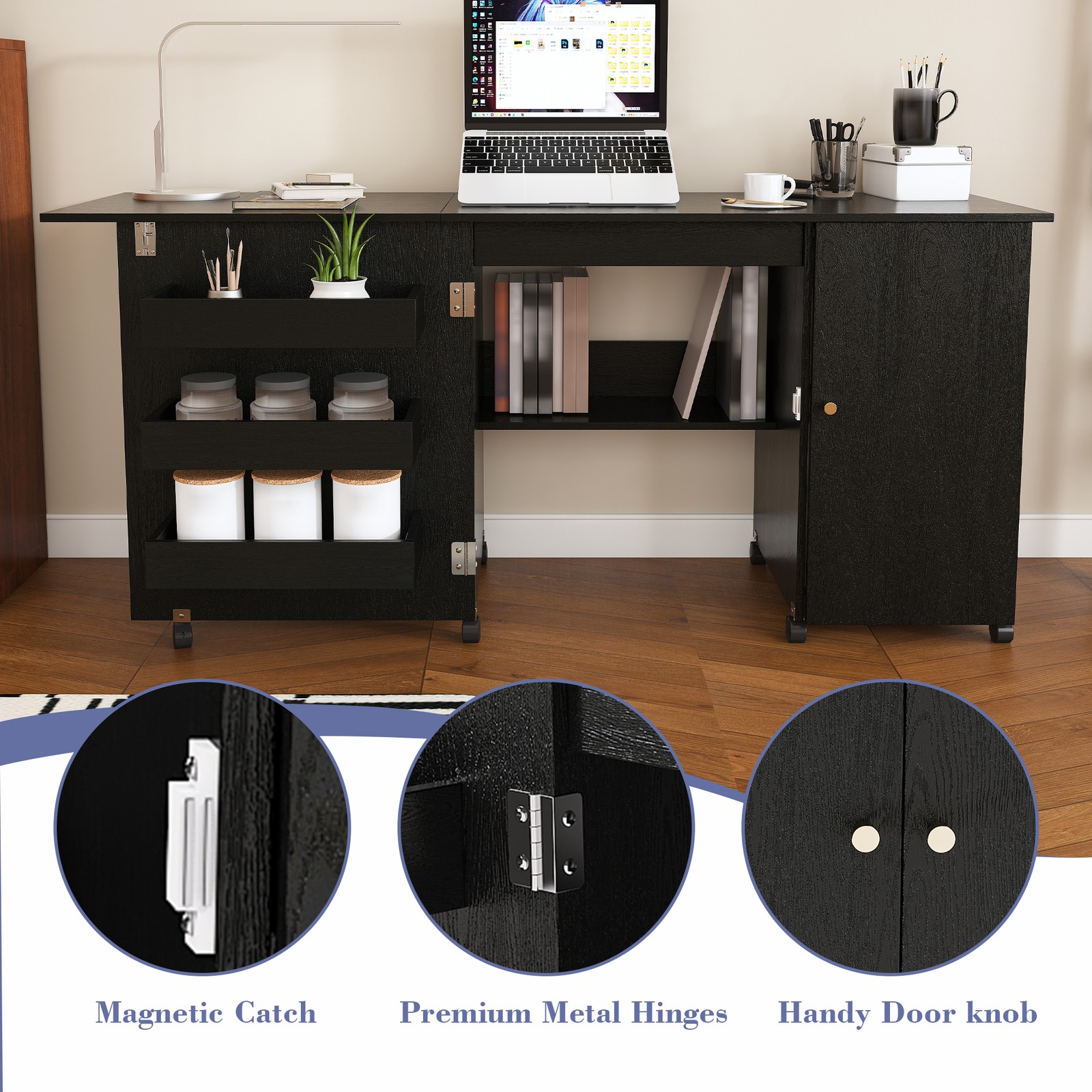 Foldable Sewing Machine Table with Locking Casters 57.5 Inch Black Craft Station