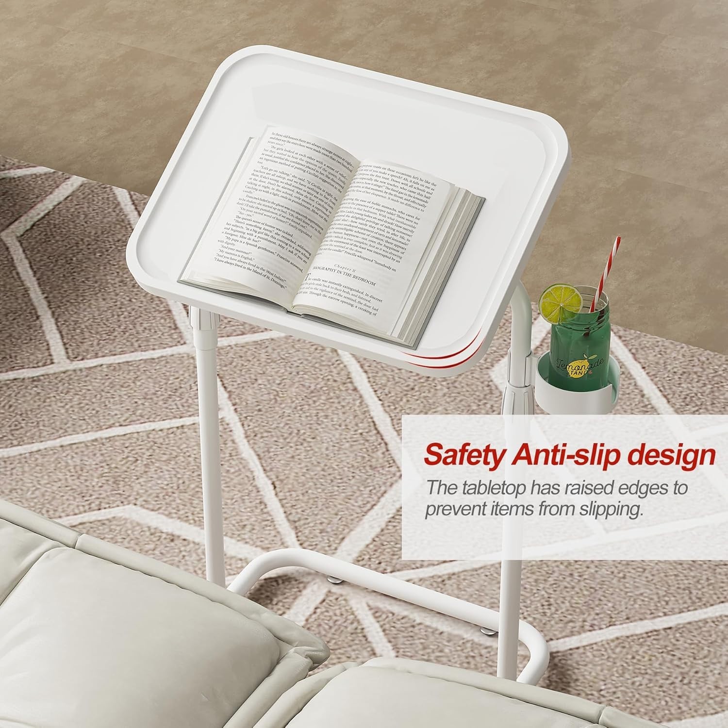 Stylish White C-Shaped Couch Table – Adjustable Height and Space-Saving Design