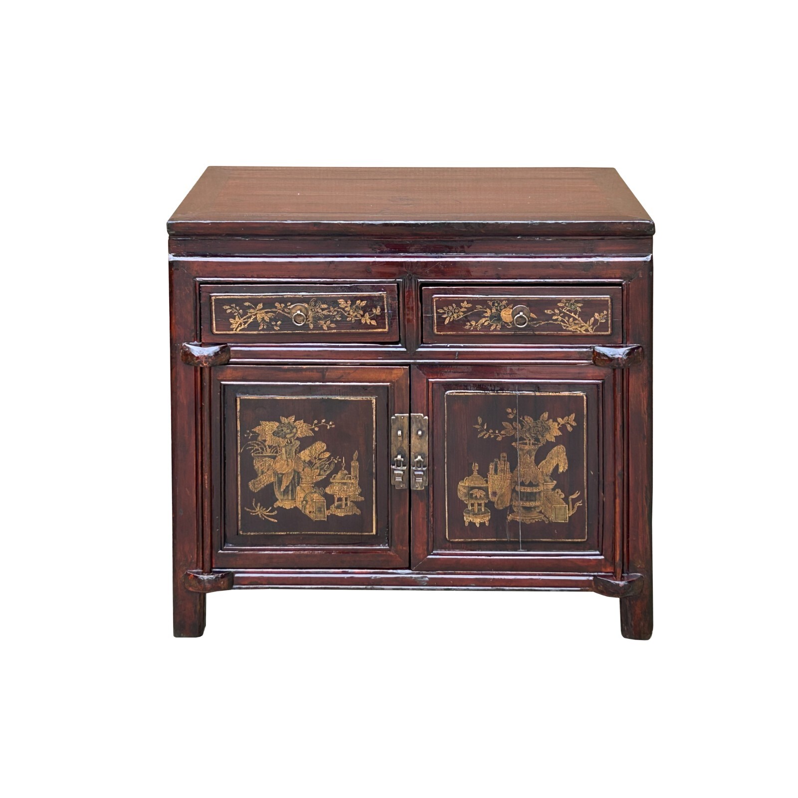Vintage Chinese Floral Graphic Brown Drawers Table Credenza Cabinet cs7779