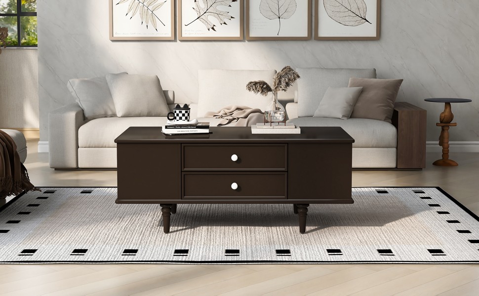 A rectangular coffee table with four drawers and two hidden storage compartments