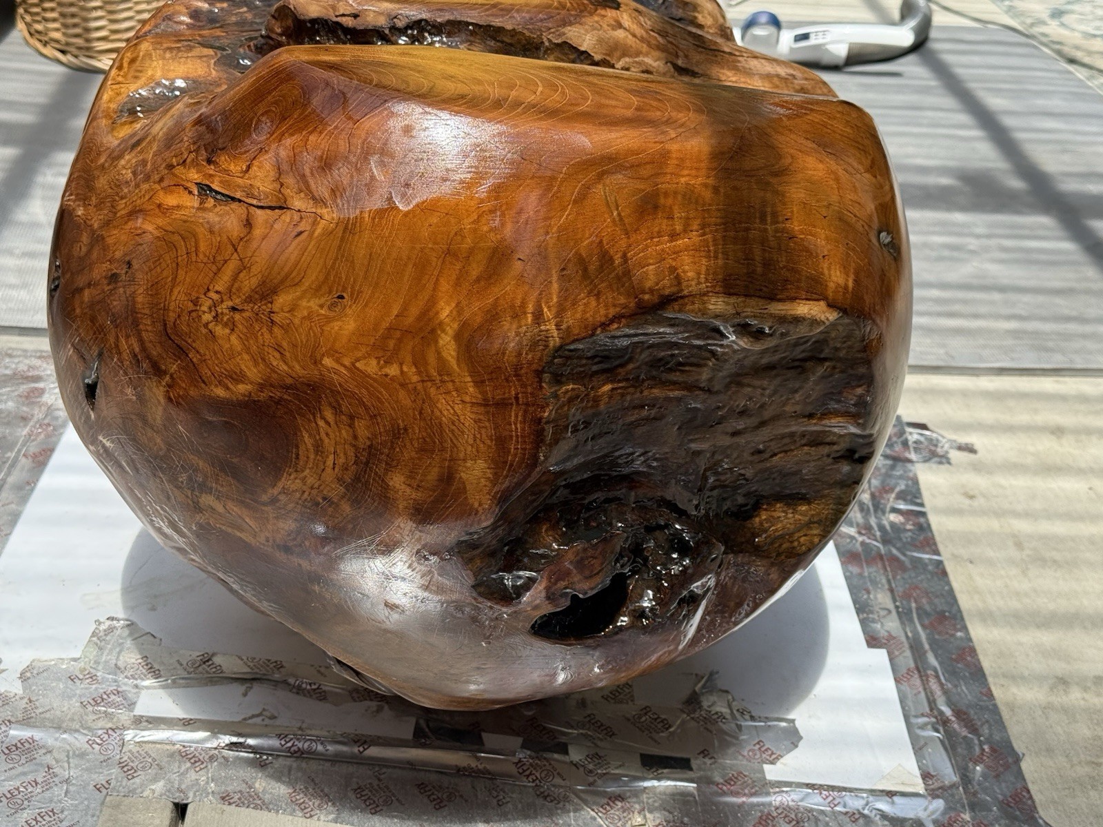 Teak Burl Epoxy Glass Top Side Table Handmade Floating Base Modern 22.5”H
