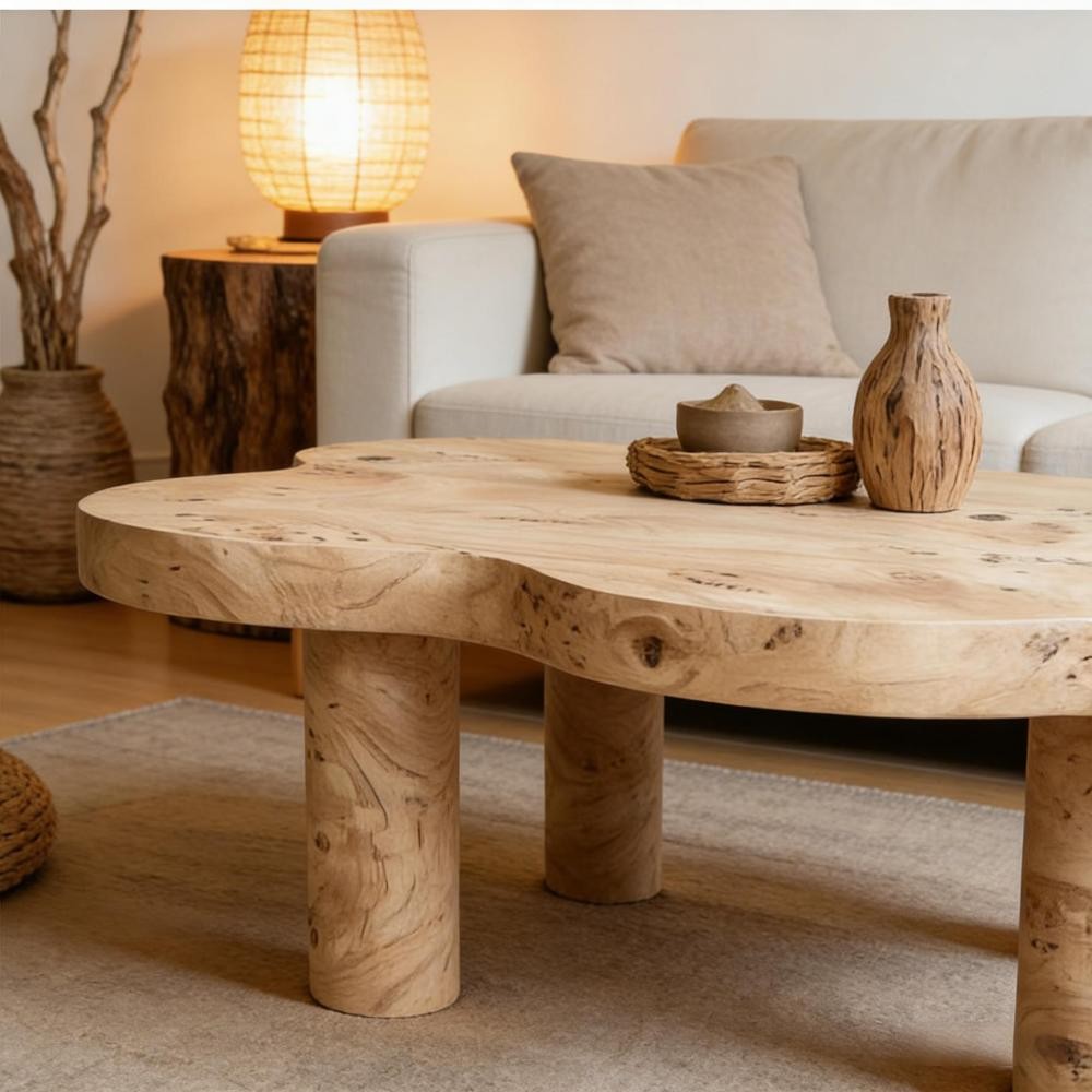 40” Burl Cloud Coffee Table Wooden Coffee Table, Unique Irregular Center Table
