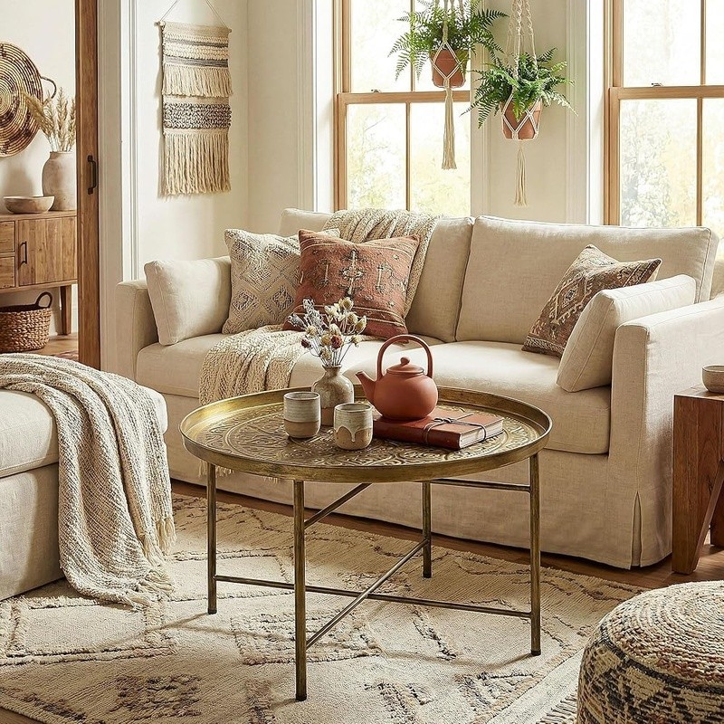 Handmade Metallic Round Coffee Table W/ Floral Pattern Living Room Use