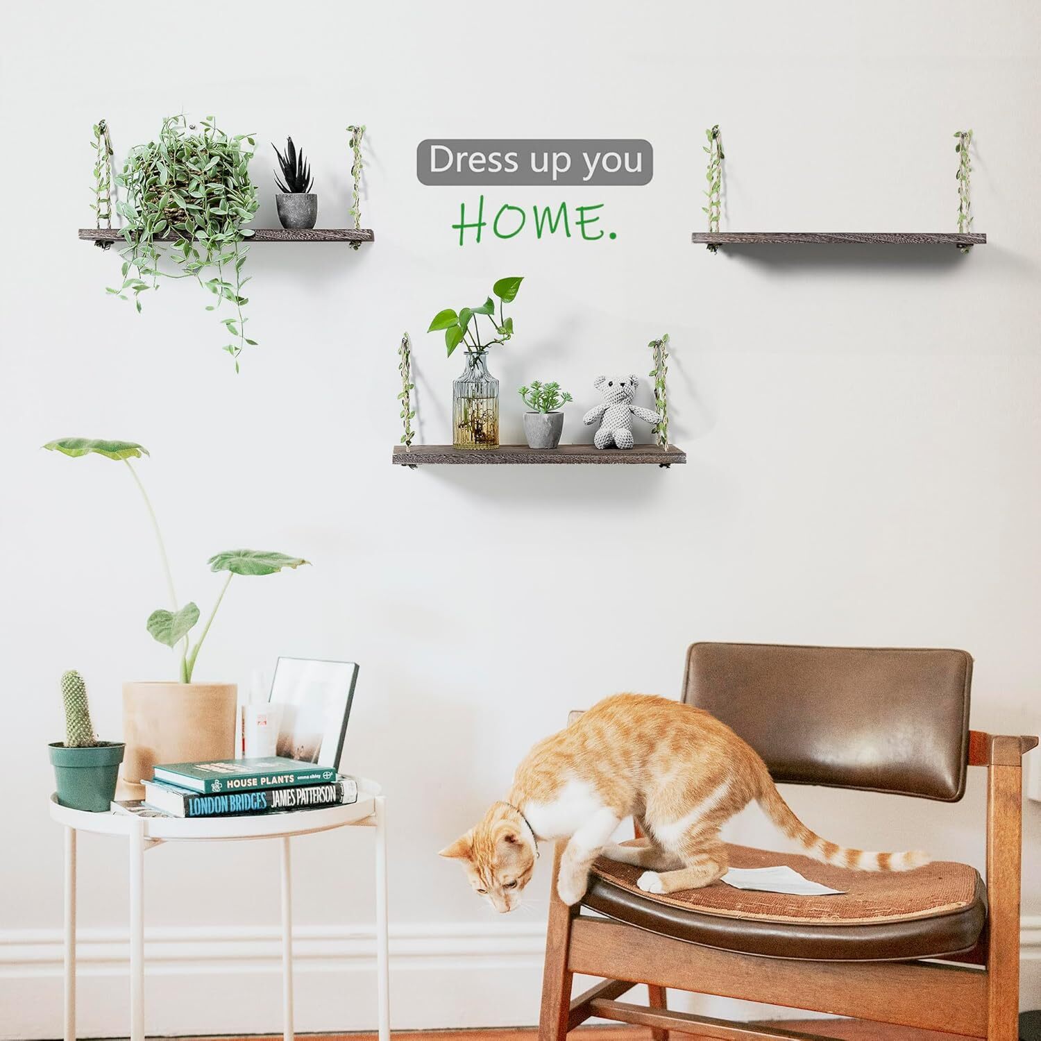 MITIME Leaf Rope Hanging Floating Shelves, Wall 17in Set of 3, Retro Color