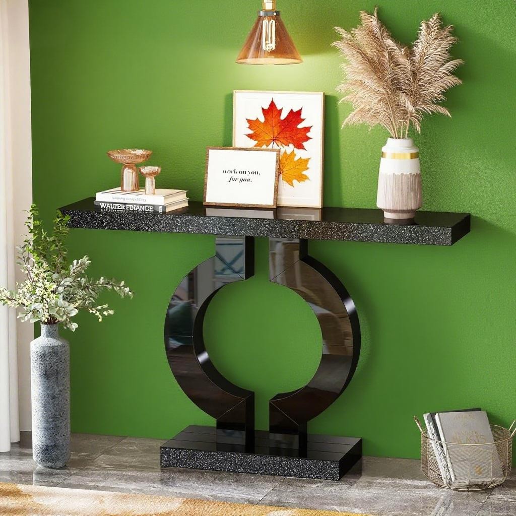 Long Console Table with A Pristine Mirrored Finish and A Unique O-shaped Base