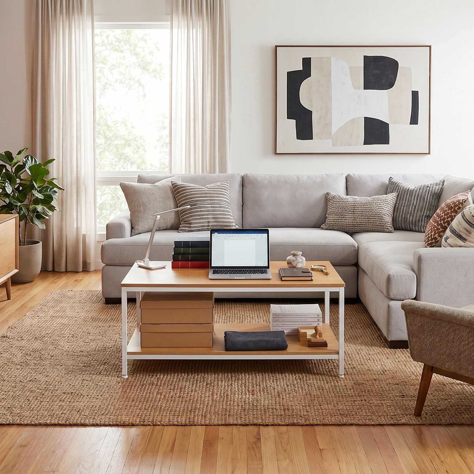 Natural Coffee Table for Living Room Rectangle 2-Tier Coffee Tables with Storage