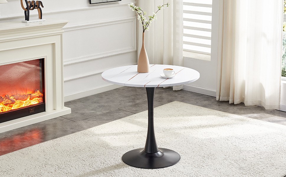 31.5″ Round Tulip Dining Table White MDF Top Metal Pedestal Base