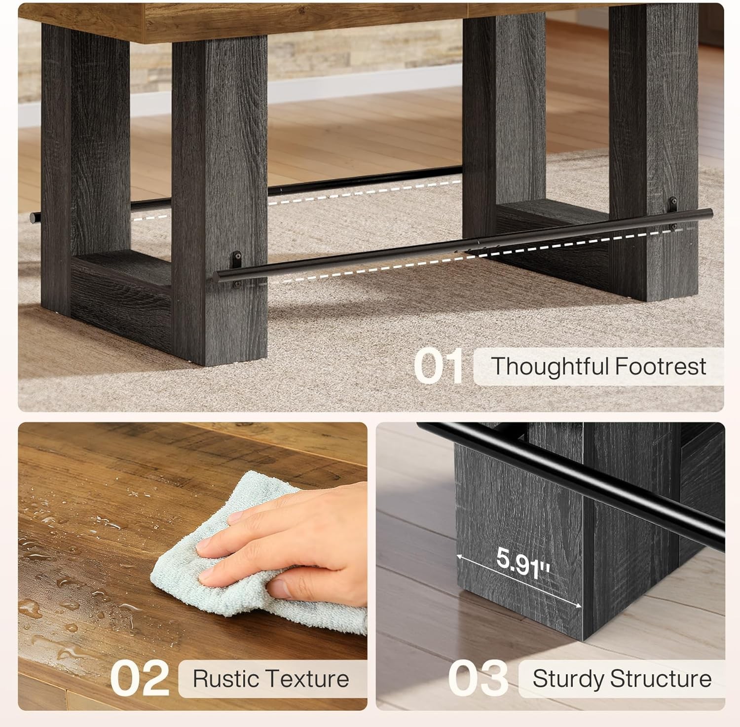 63-Inch Counter Height Bar Table, Industrial Rectangular Kitchen Island for Home
