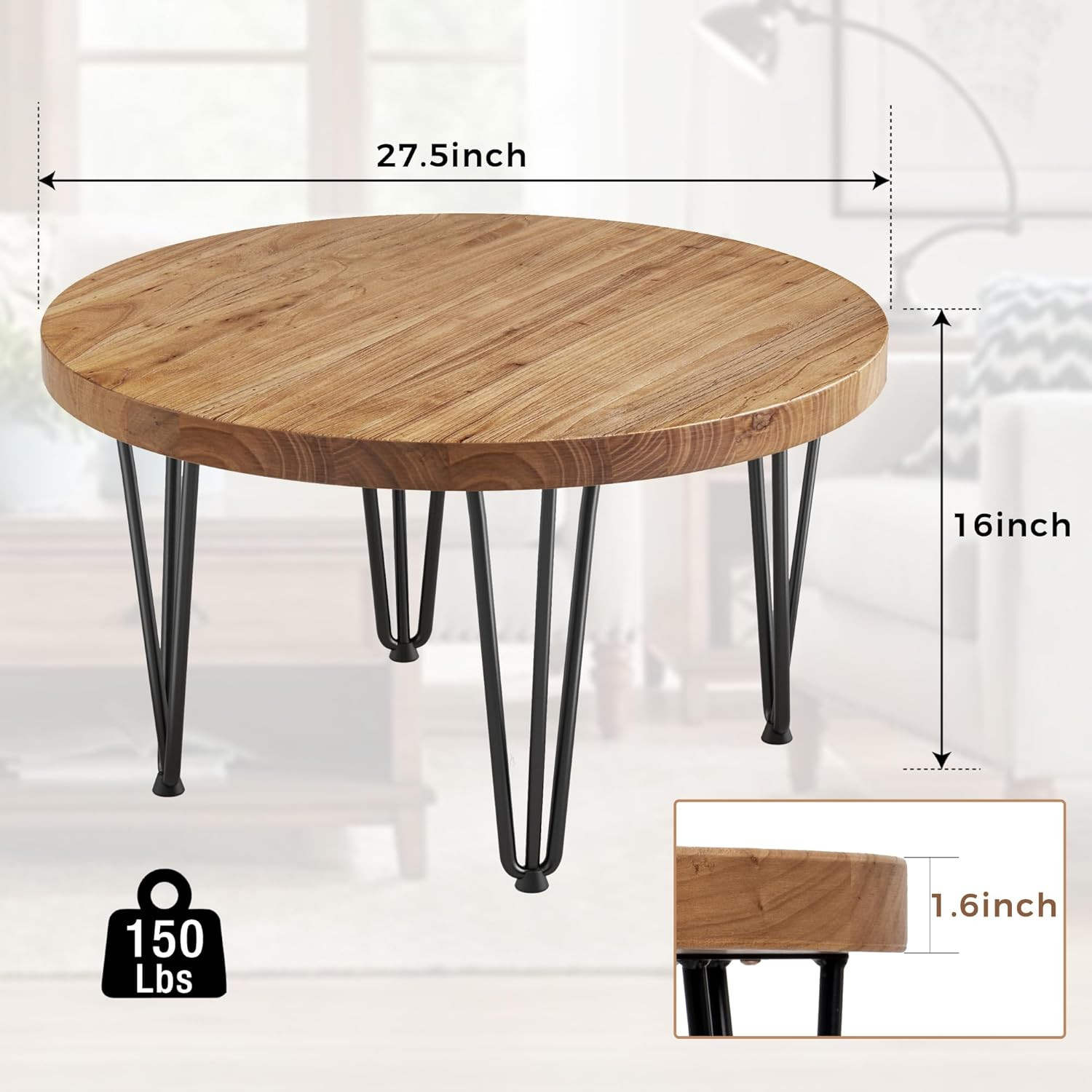 Rustic Round Coffee Table with Metal Legs – Solid Elm Wood, Farmhouse Style