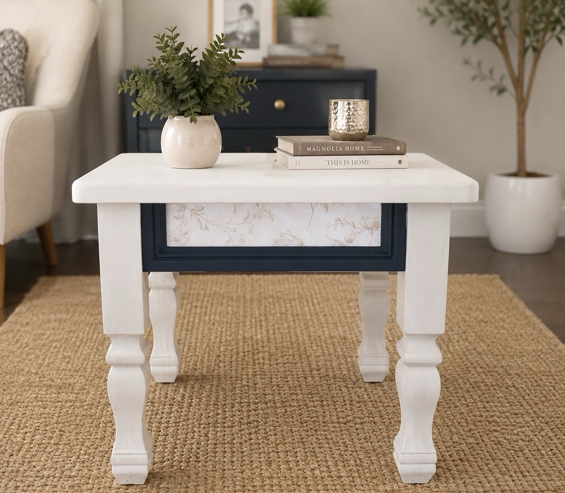 Hand Painted Solid Wood Accent Table White Navy Floral Cottage Farmhouse