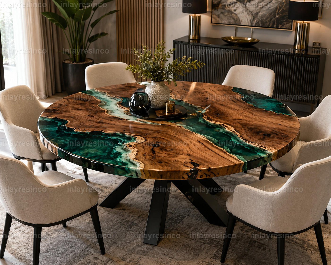 Round Walnut Epoxy River Dining Table | Handmade Emerald Green Resin Wood Table