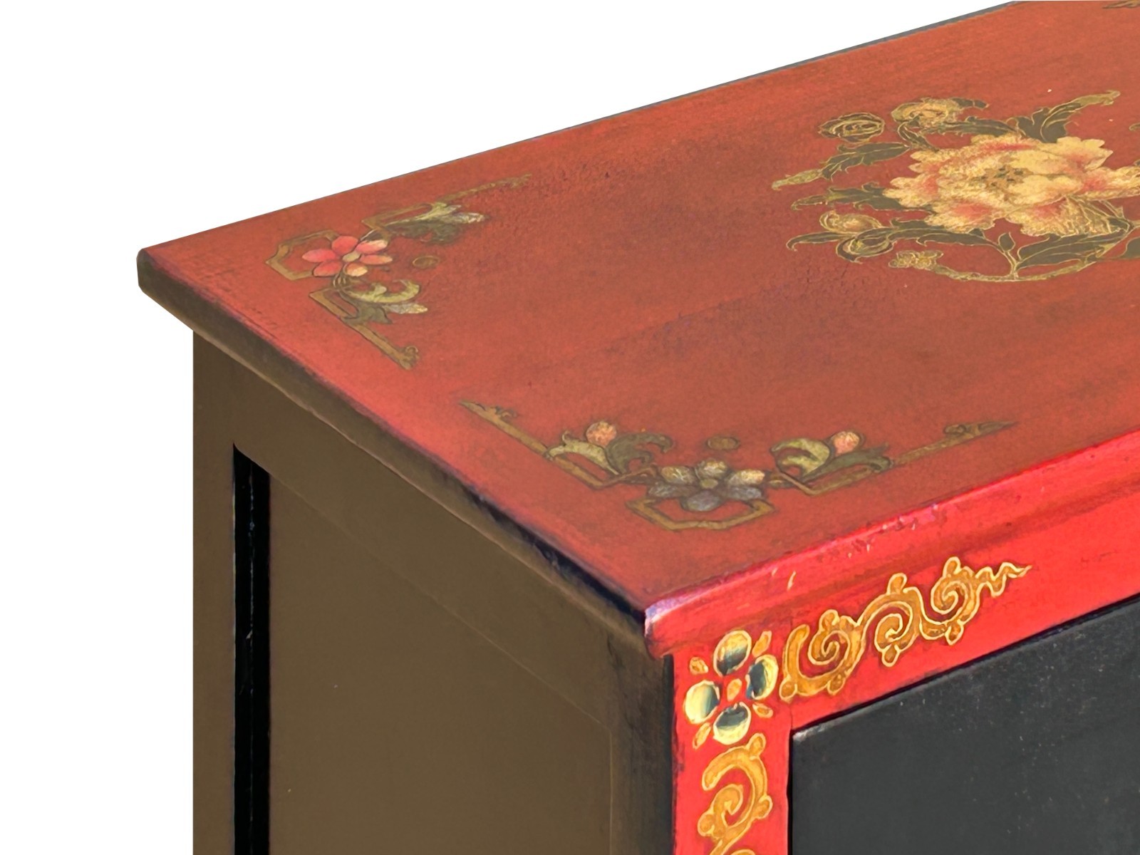 Tibetan Oriental Black Red Foo Dogs Lions End Table Nightstand GB164