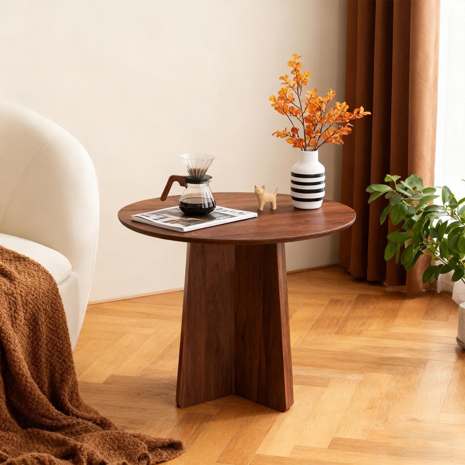 Short Small Round Coffee Table 15.7×15.7in, Side Table Walnut