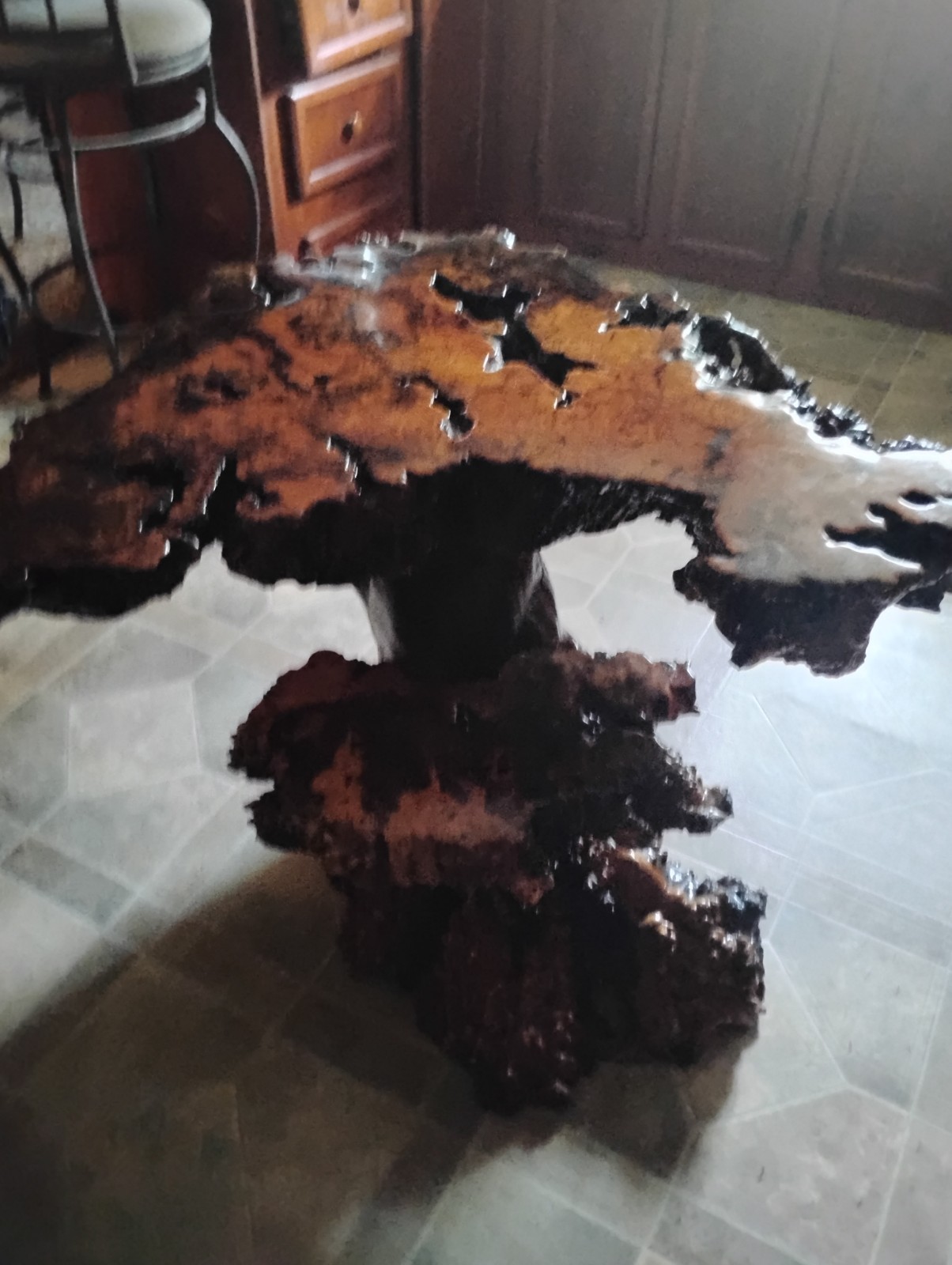 Vintage Handmade Redwood Burl Coffee Table with Redwood Stump Basee