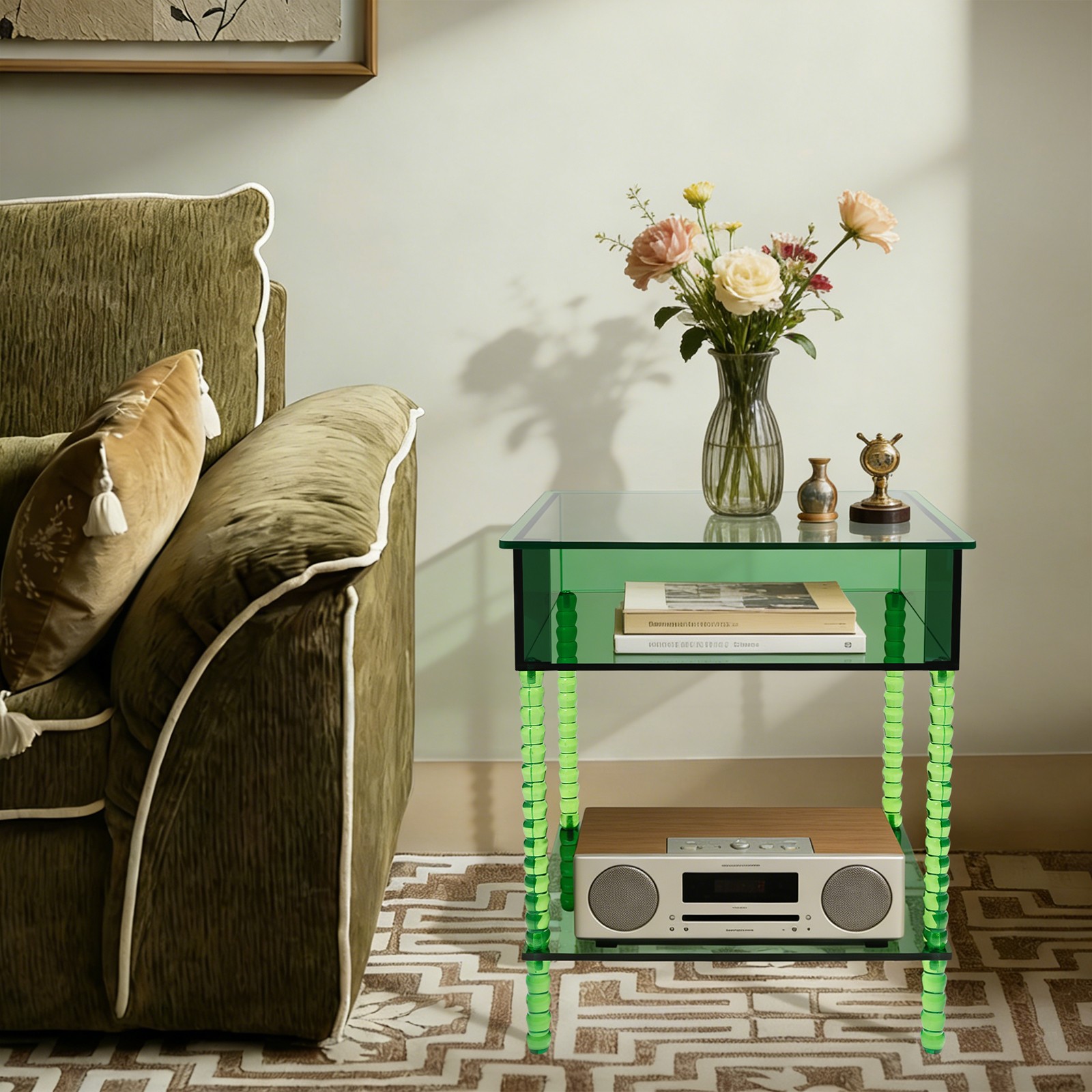 Acrylic Side Table End Table w/ Storage Nightstand for Living Room Bedroom Green
