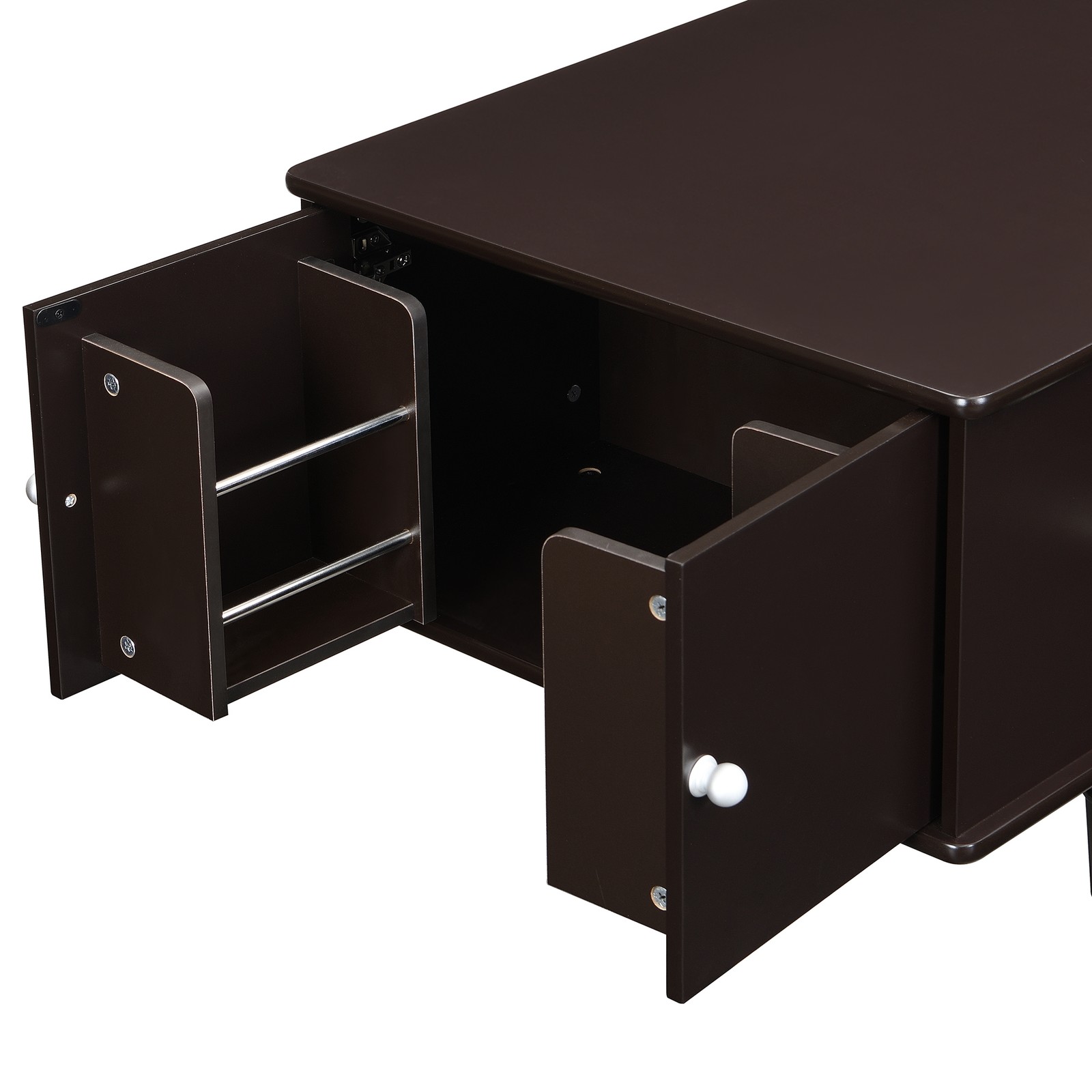 A rectangular coffee table with four drawers and two hidden storage compartments