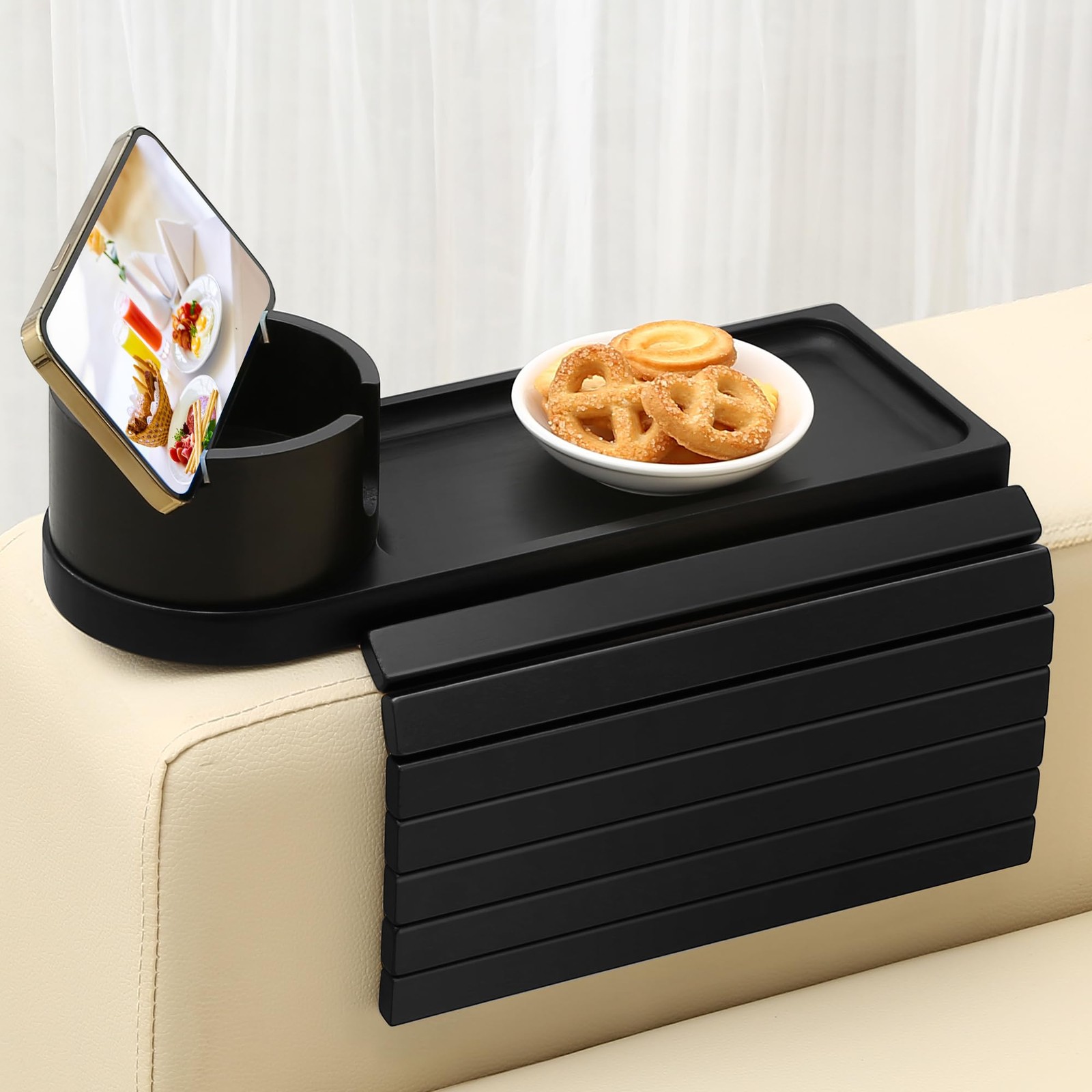 BAMTRAY Couch Cup Holder Tray, 15.75″ Bamboo Cup Holder for Couch, 3 in 1 Fol…