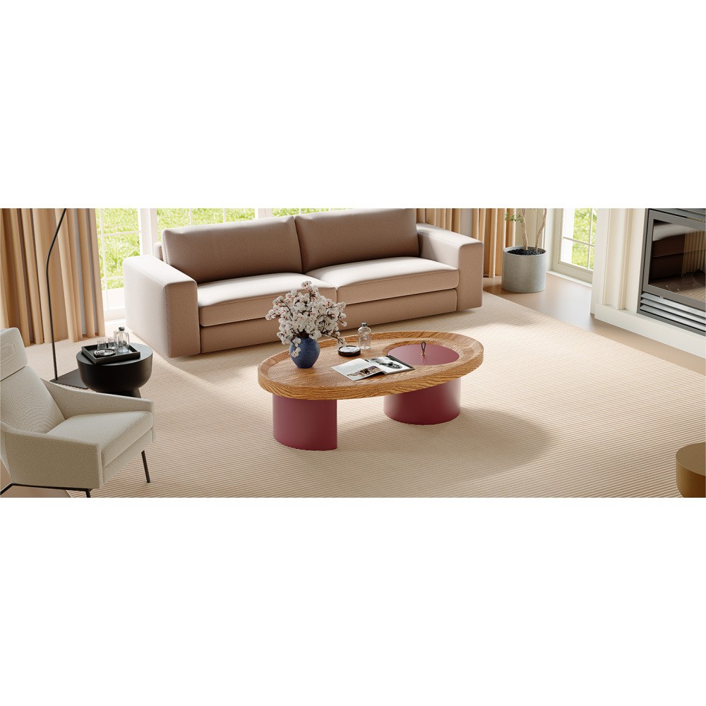 45.3″ Oval Wood Coffee Table, Walnut Top Red Legs with Storage, Mid-Century