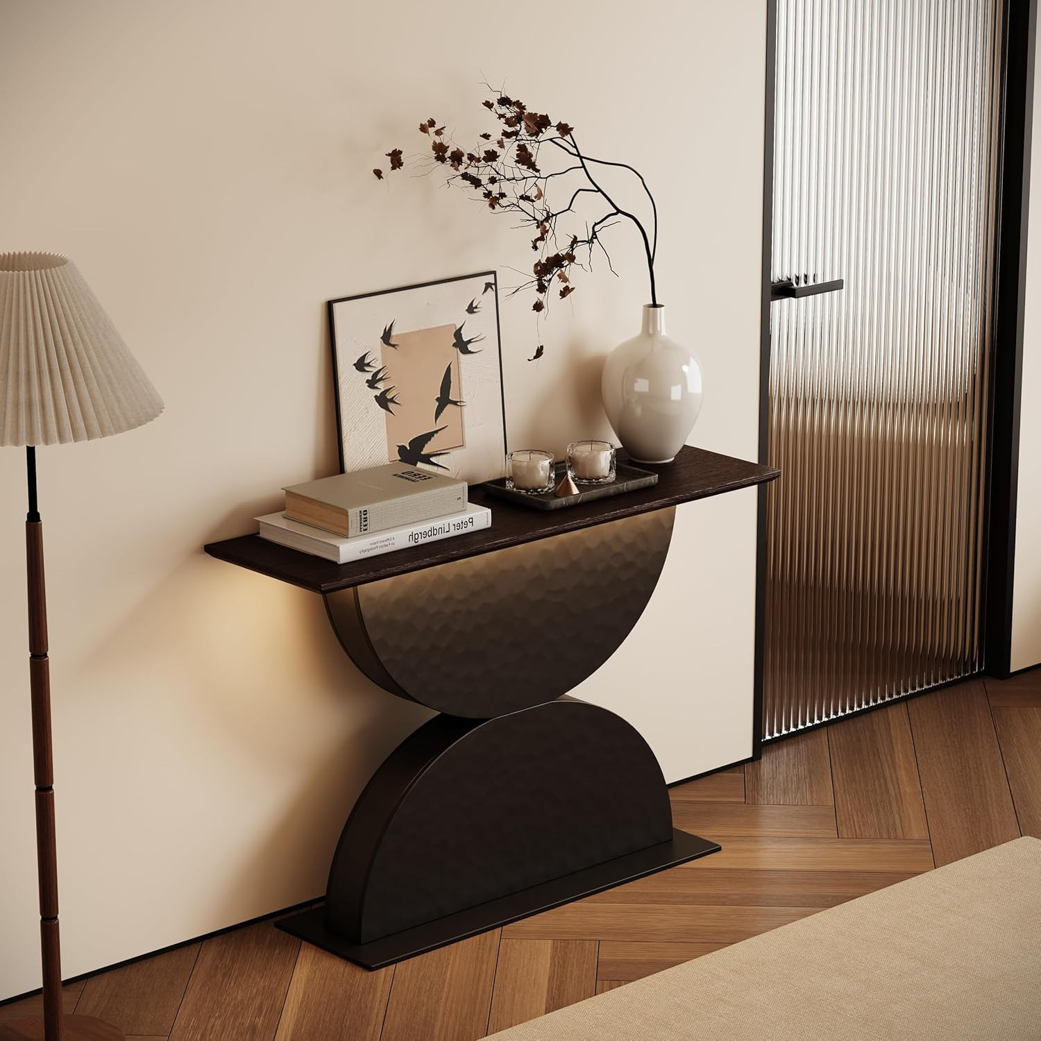 47″ Walnut Black Console Table with 3D Base and LED Light for Any Room