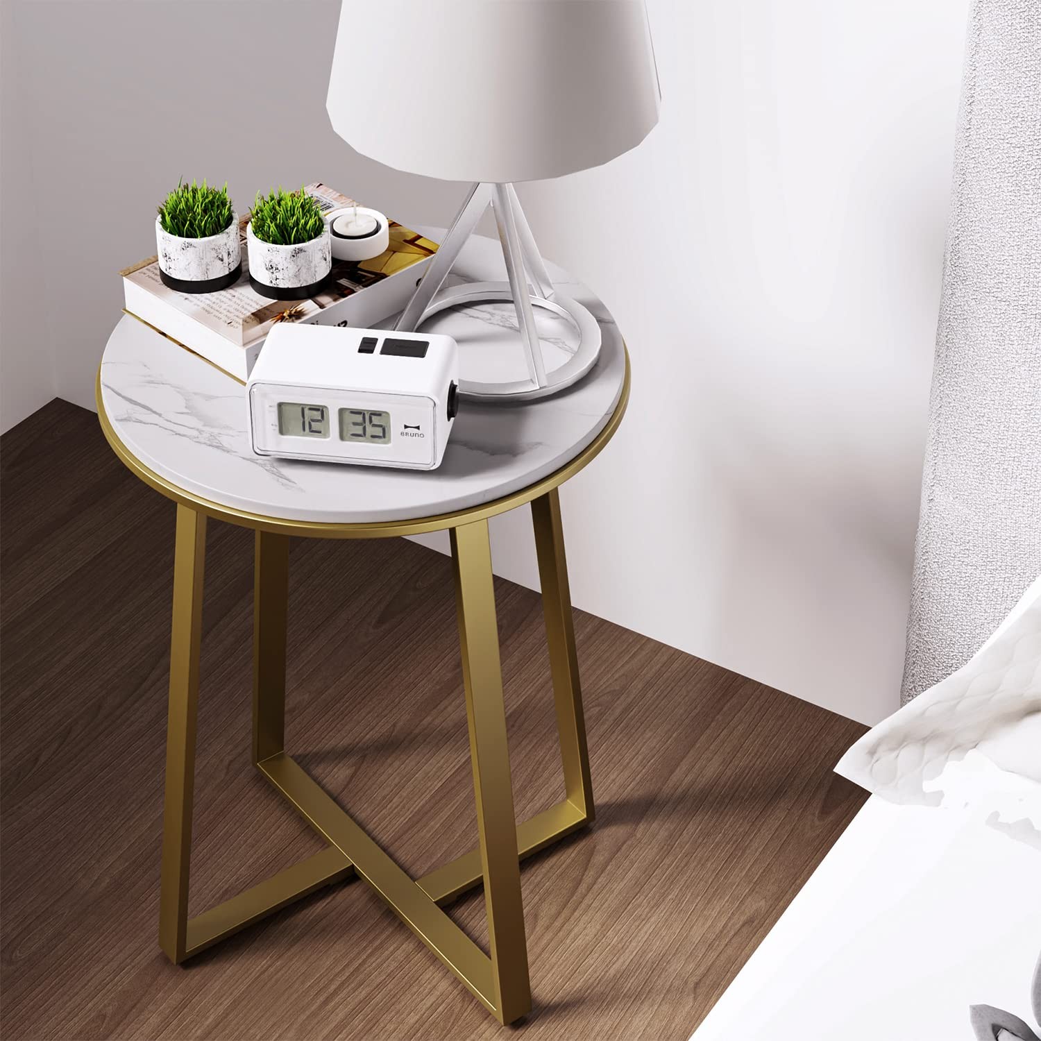 Dorriss Round End Tables, Small Side Table White Marble Texture MDF Top,Metal…
