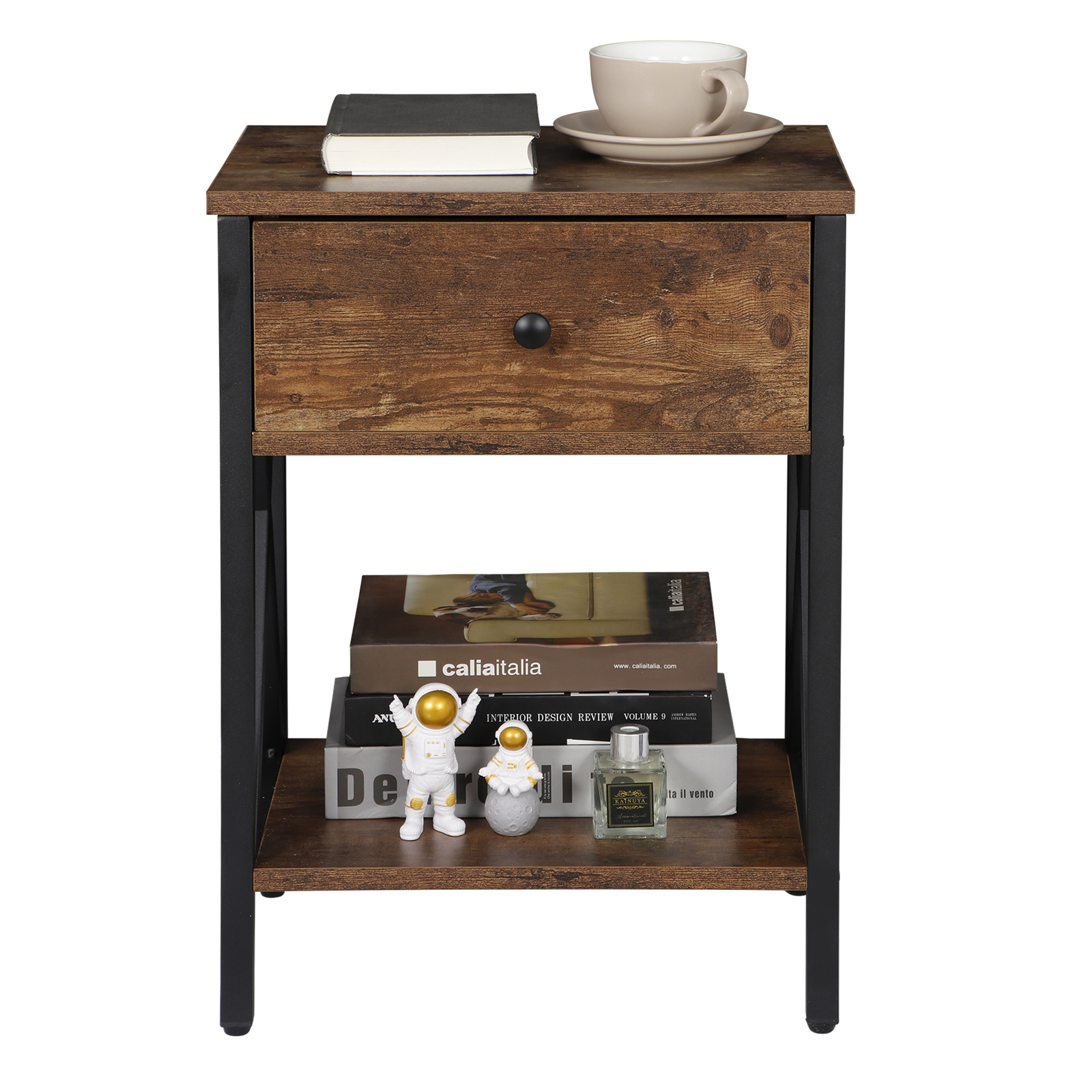 Set of 2 End Tables X-Design Legs Side Sofa Table Storage Shelf W/Drawer Brown