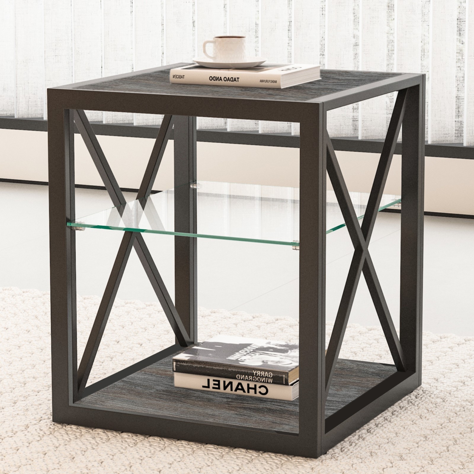 Industrial End Table-Tempered Glass & Wood Grain MDF for Bedroom Living Room