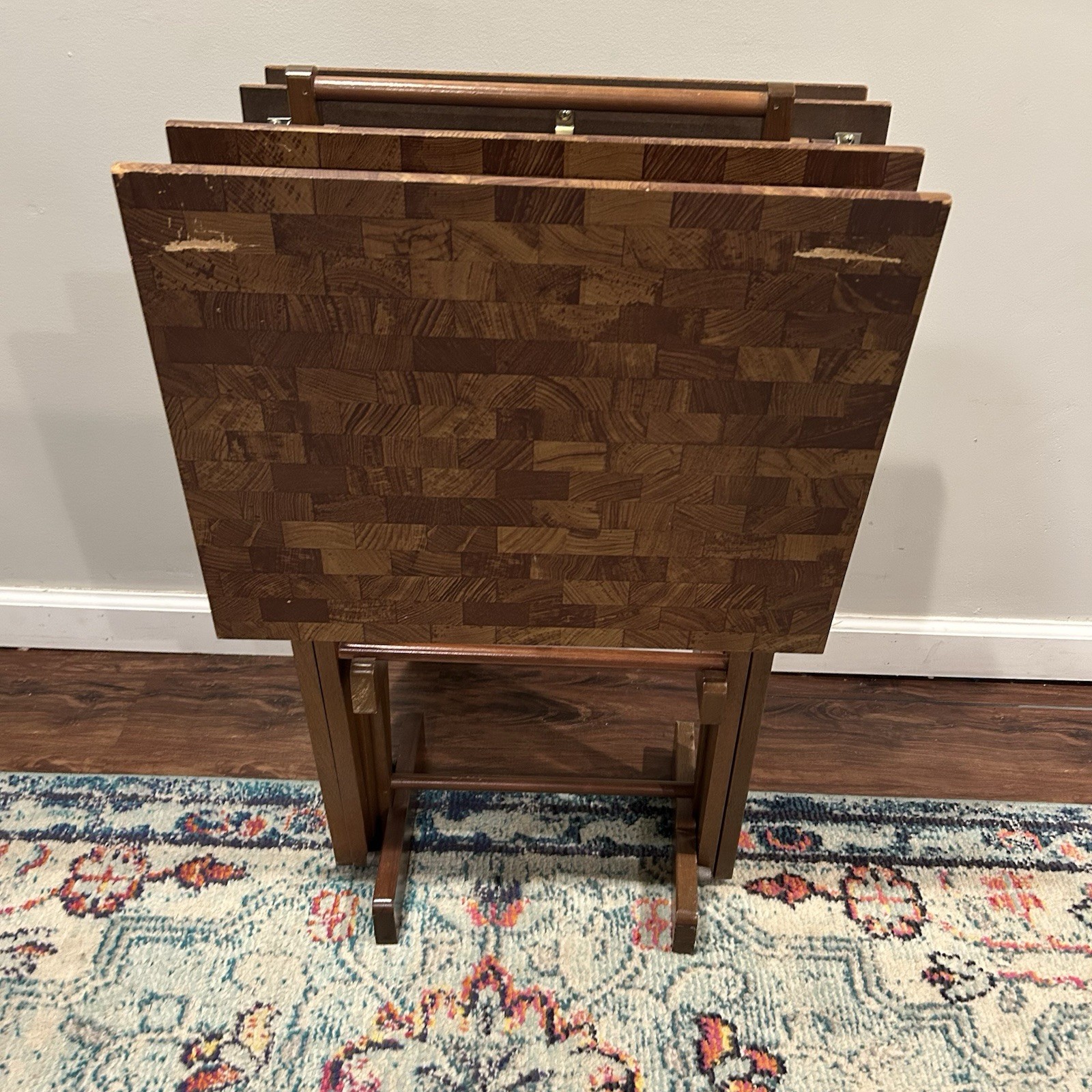 Vintage Faux Butcher Block TV Tray Set of 4 Retro Laminate Folding TV Tables