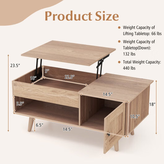 Lift Top Coffee Table with Storage and Hidden Compartment-Natural – Color: Natur