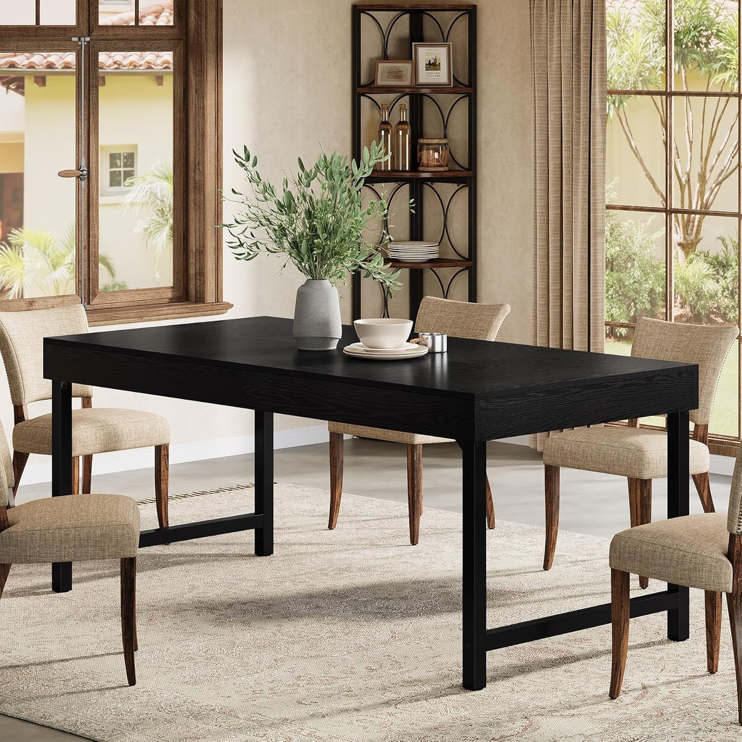 Farmhouse Dining Table for 4-6 People, 140cm Rectangular Wood Dining Room Table